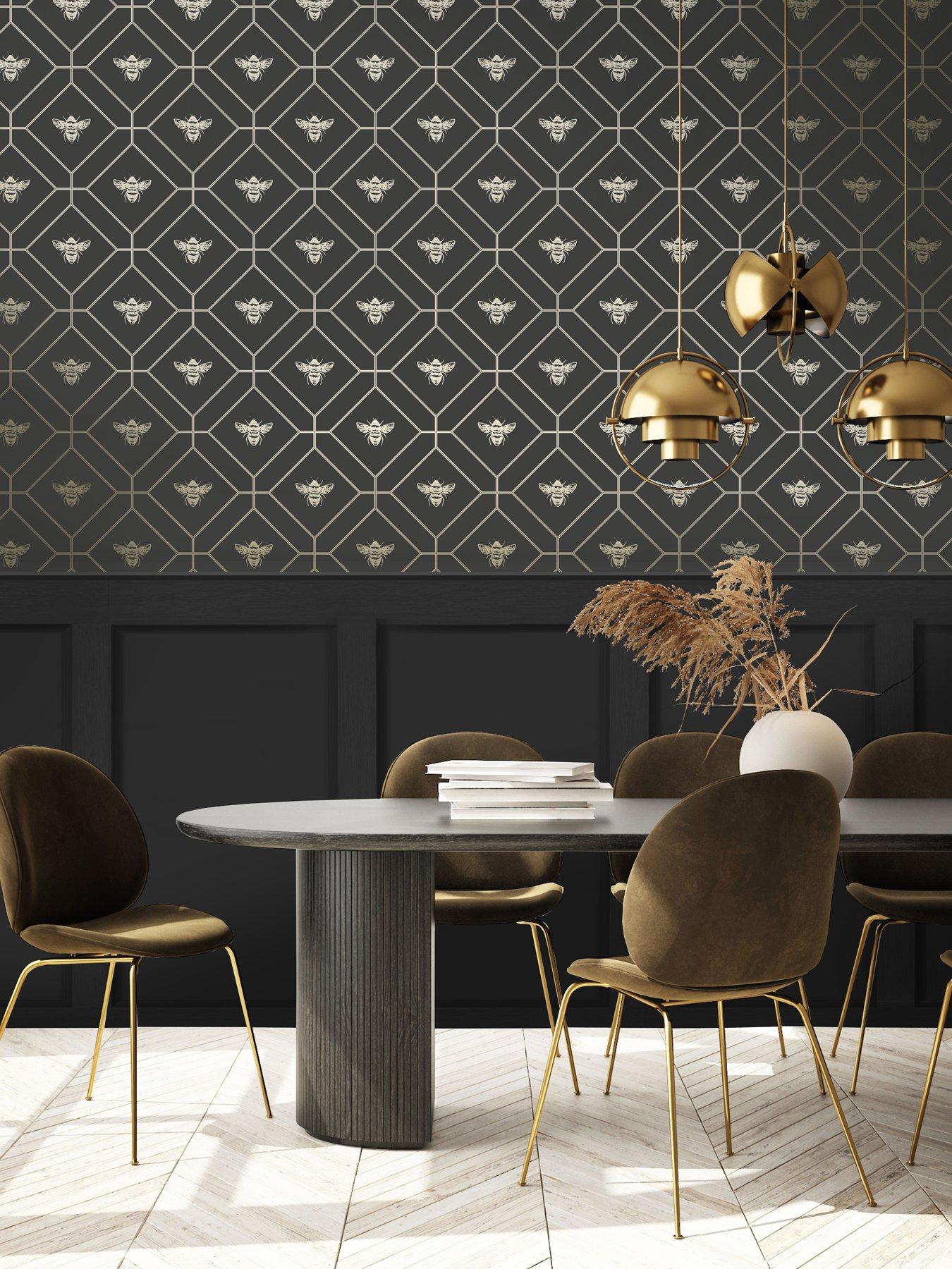 Image 1 of 6 of Holden Decor Honeycomb Bee Wallpaper - Charcoal/gold