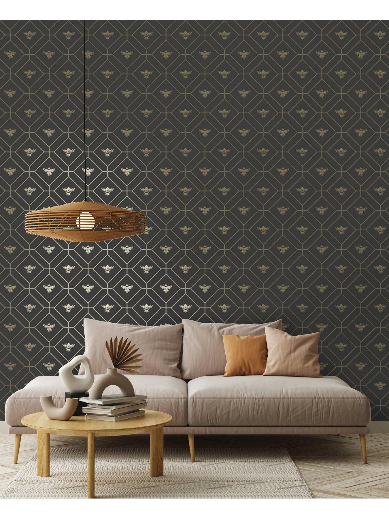 Image 3 of 6 of Holden Decor Honeycomb Bee Wallpaper - Charcoal/gold