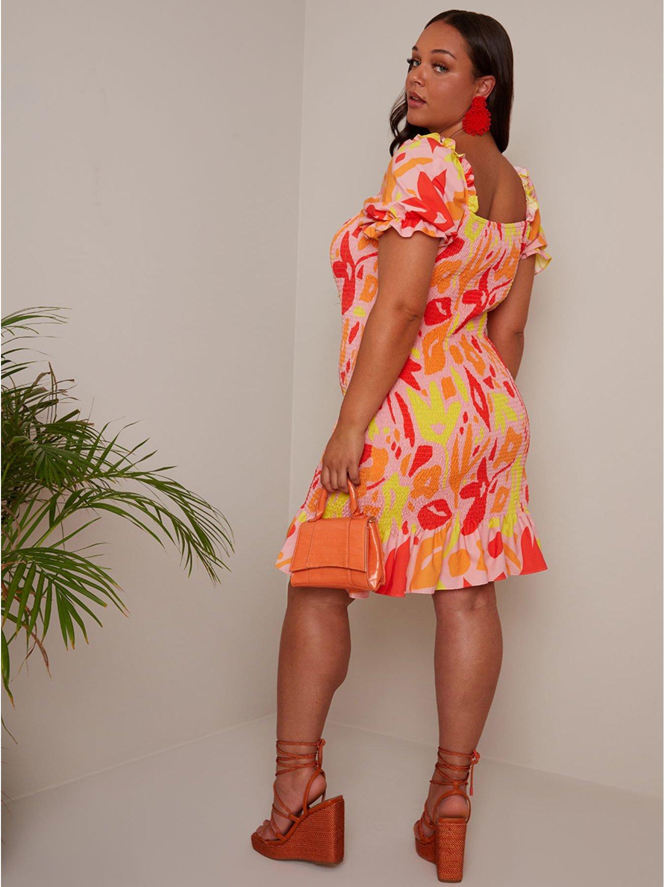 chi-chi-london-curve-plus-size-ruffle-shirred-abstract-print-mini-dress-in-orangestillFront