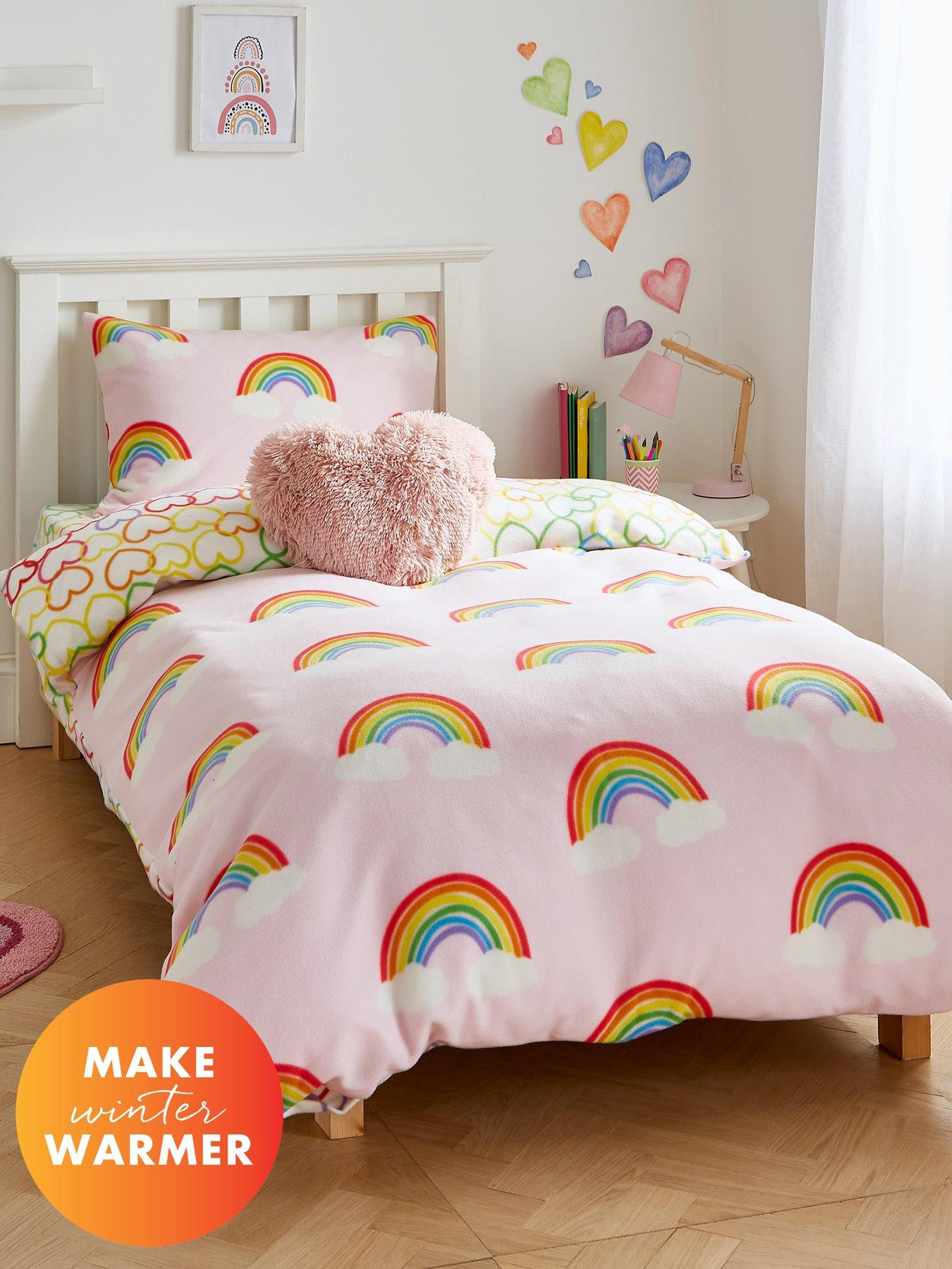 Catherine Lansfield Rainbow Hearts Soft Cosy Fleece Pink Duvet Set - Tb
