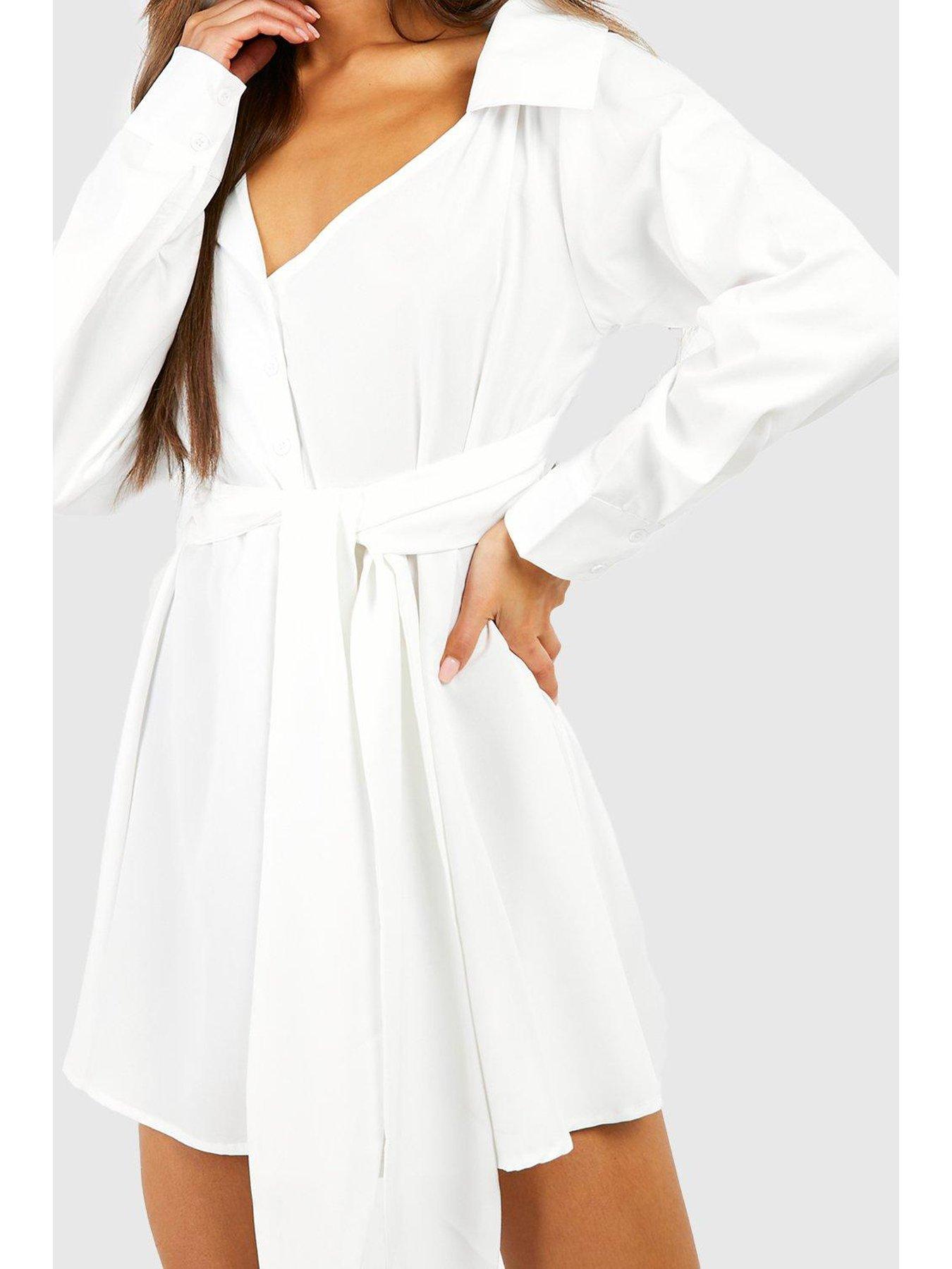 boohoo-poplin-asymmetric-belted-shirt-dress-whiteoutfit