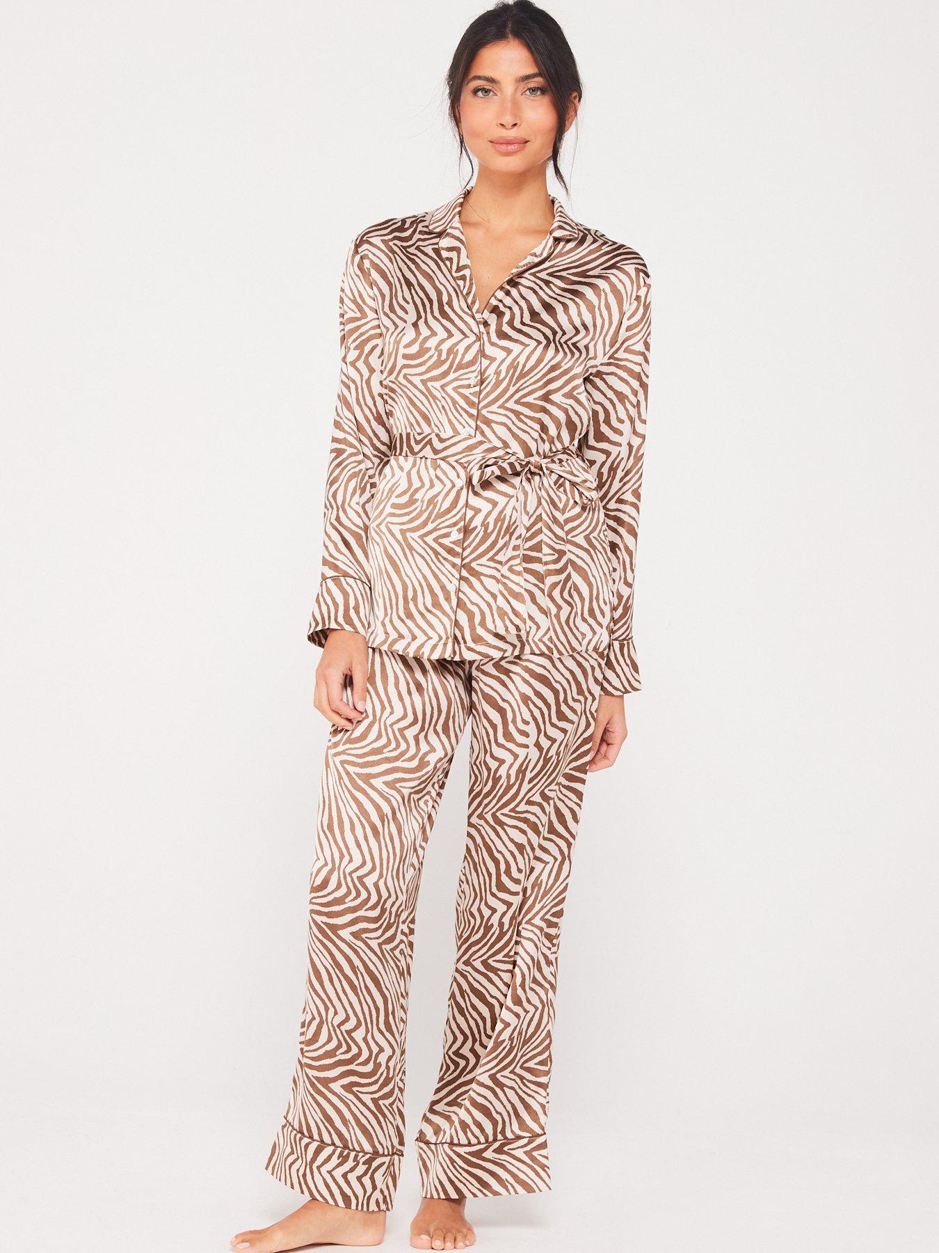 Curves Dark Green Satin Trouser Pyjama Set with Leopard Print