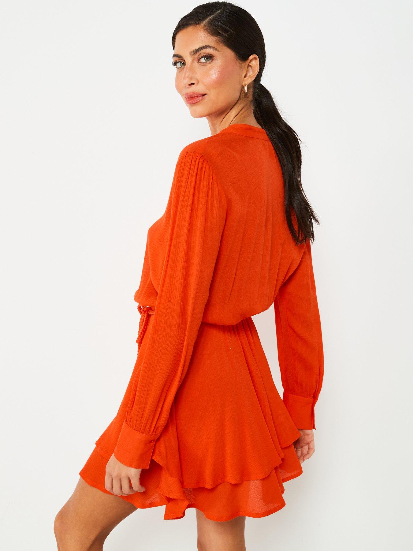 v-by-very-crinkle-belted-long-sleeve-dress-orangestillFront