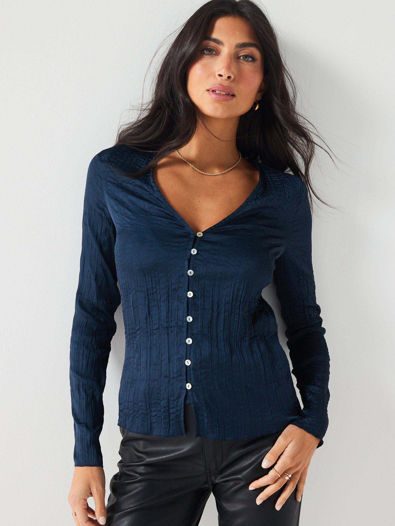 v-by-very-textured-satin-button-through-blouse-navyfront