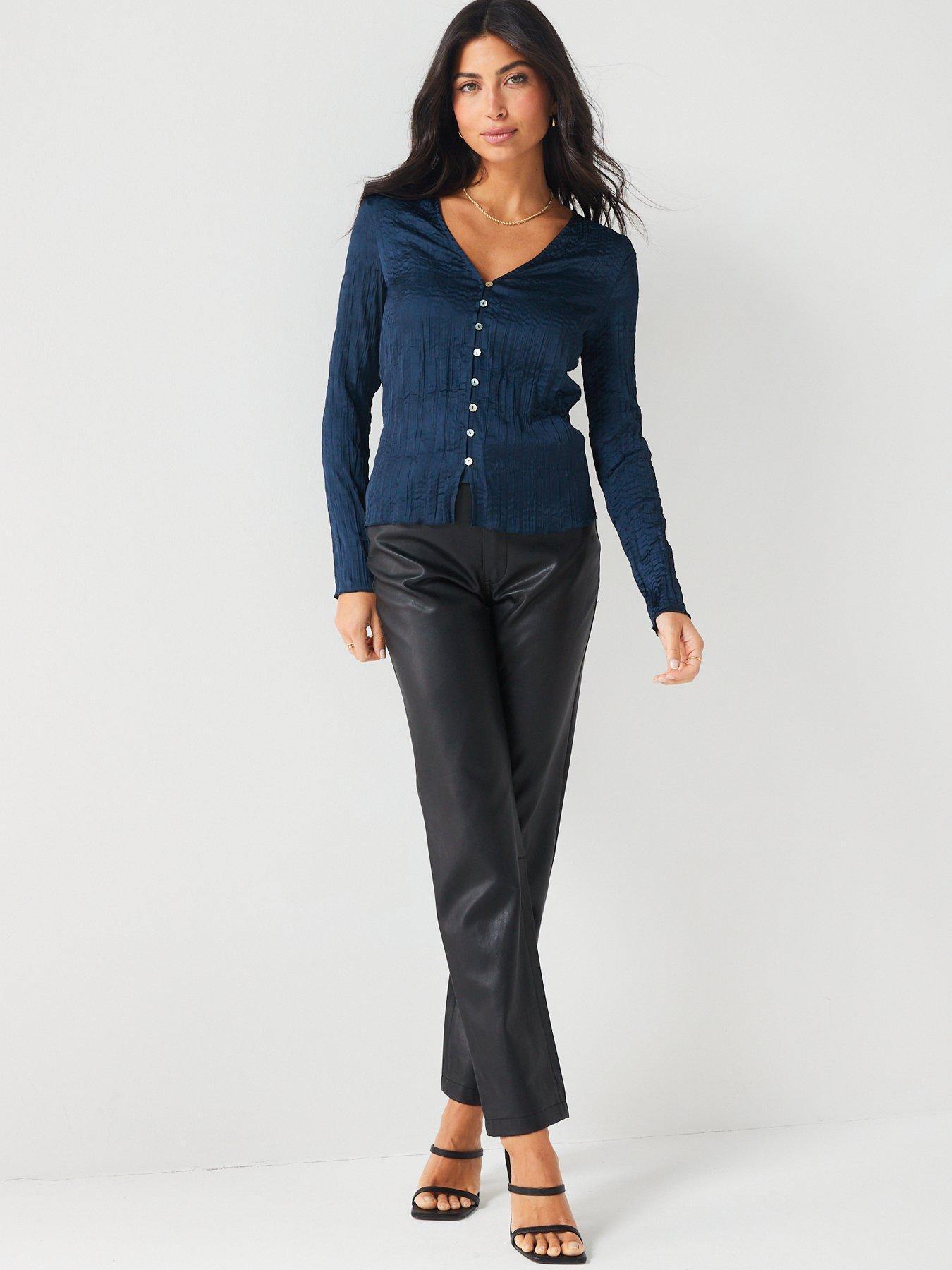 v-by-very-textured-satin-button-through-blouse-navyback