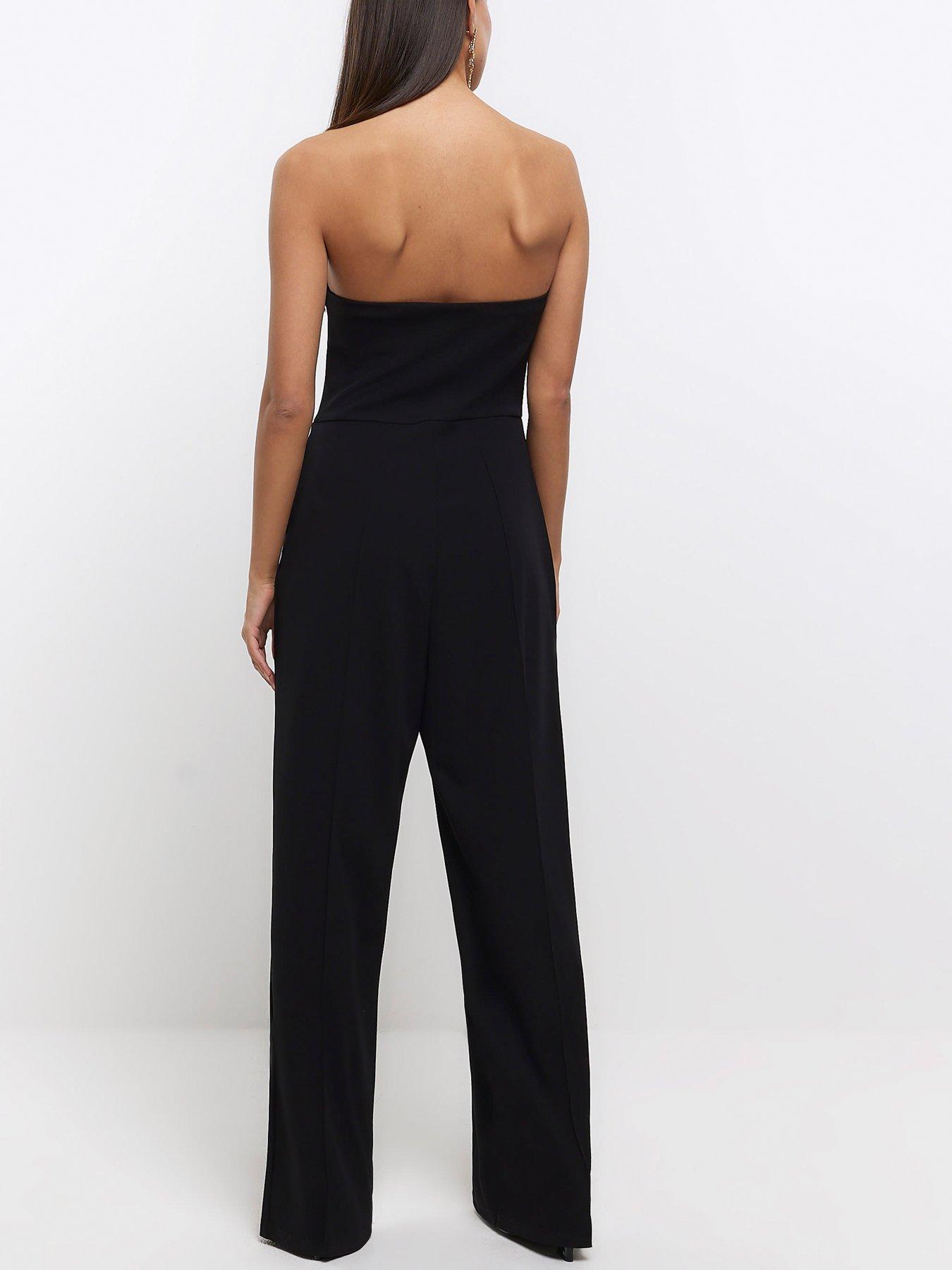 River Island wide leg puff sleeve satin jumpsuit in black