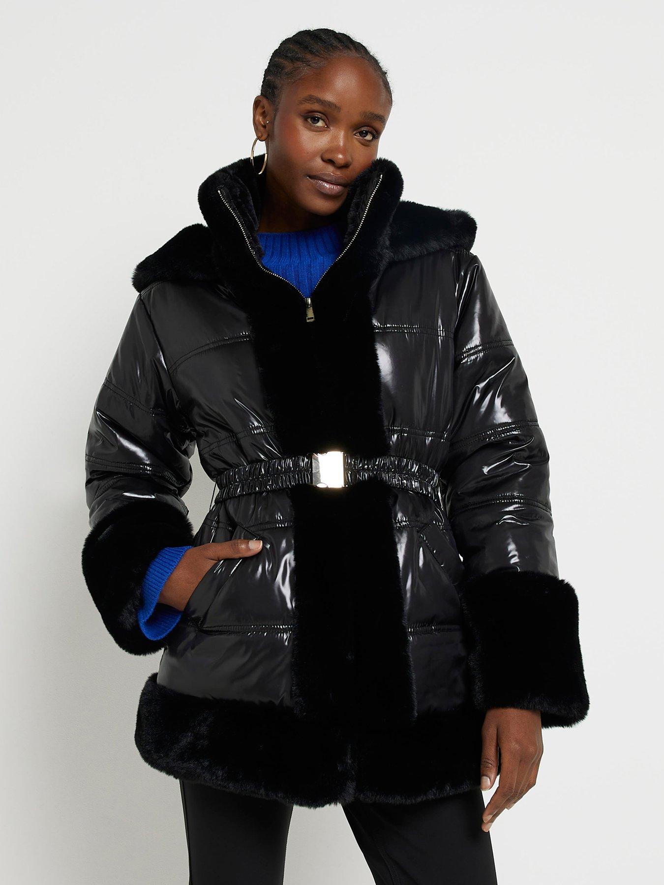 River island longline padded belted coat with faux fur hood in online black