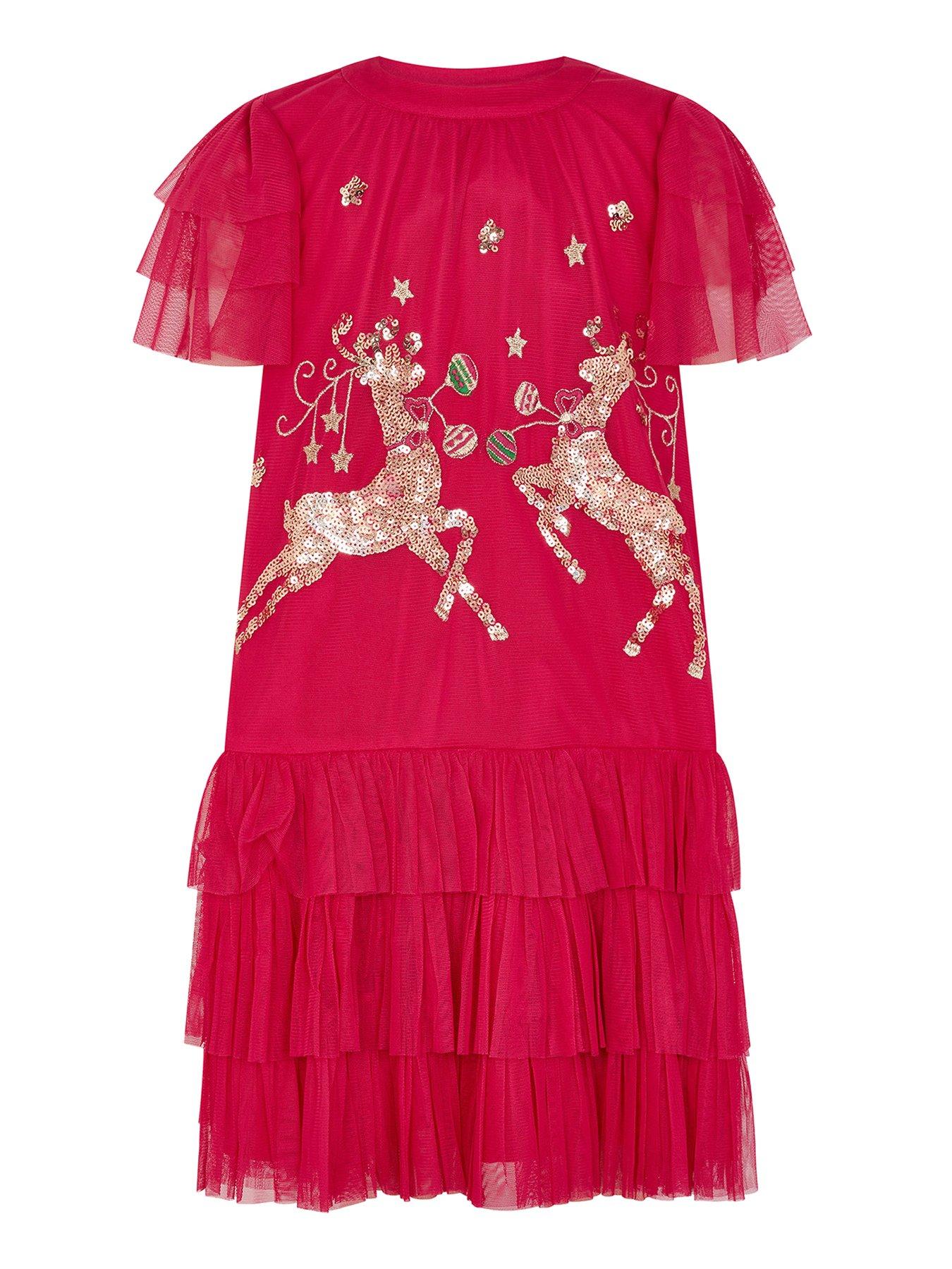 Monsoon Girls S.e.w. Reindeer Trapeze Dress Red Very Ireland