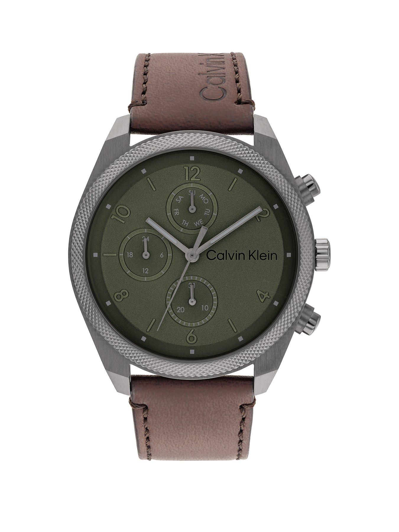 Men s Calvin Klein brown leather strap watch