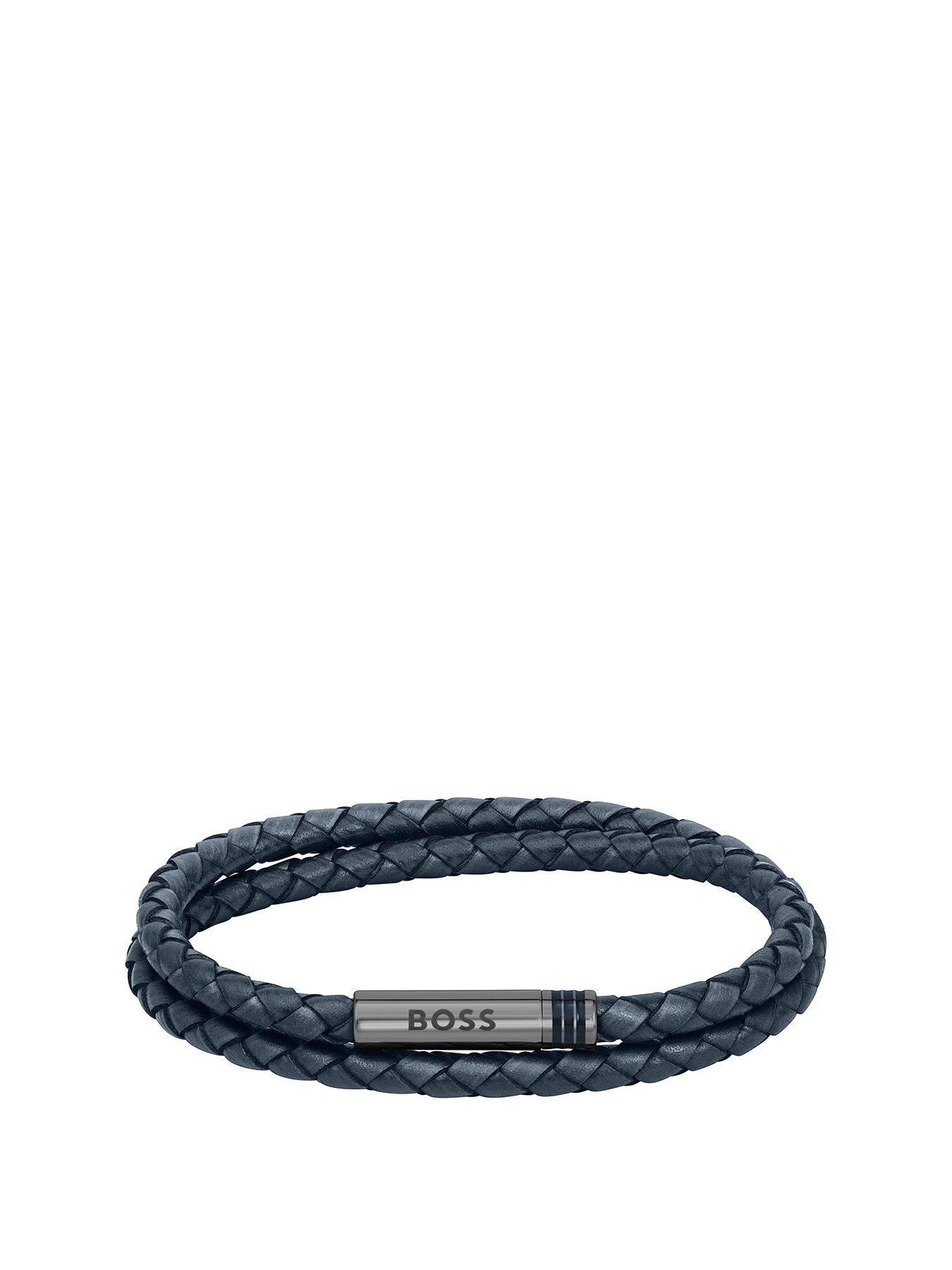 BOSS Gents Ares Navy Blue Double Wrap Leather Bracelet