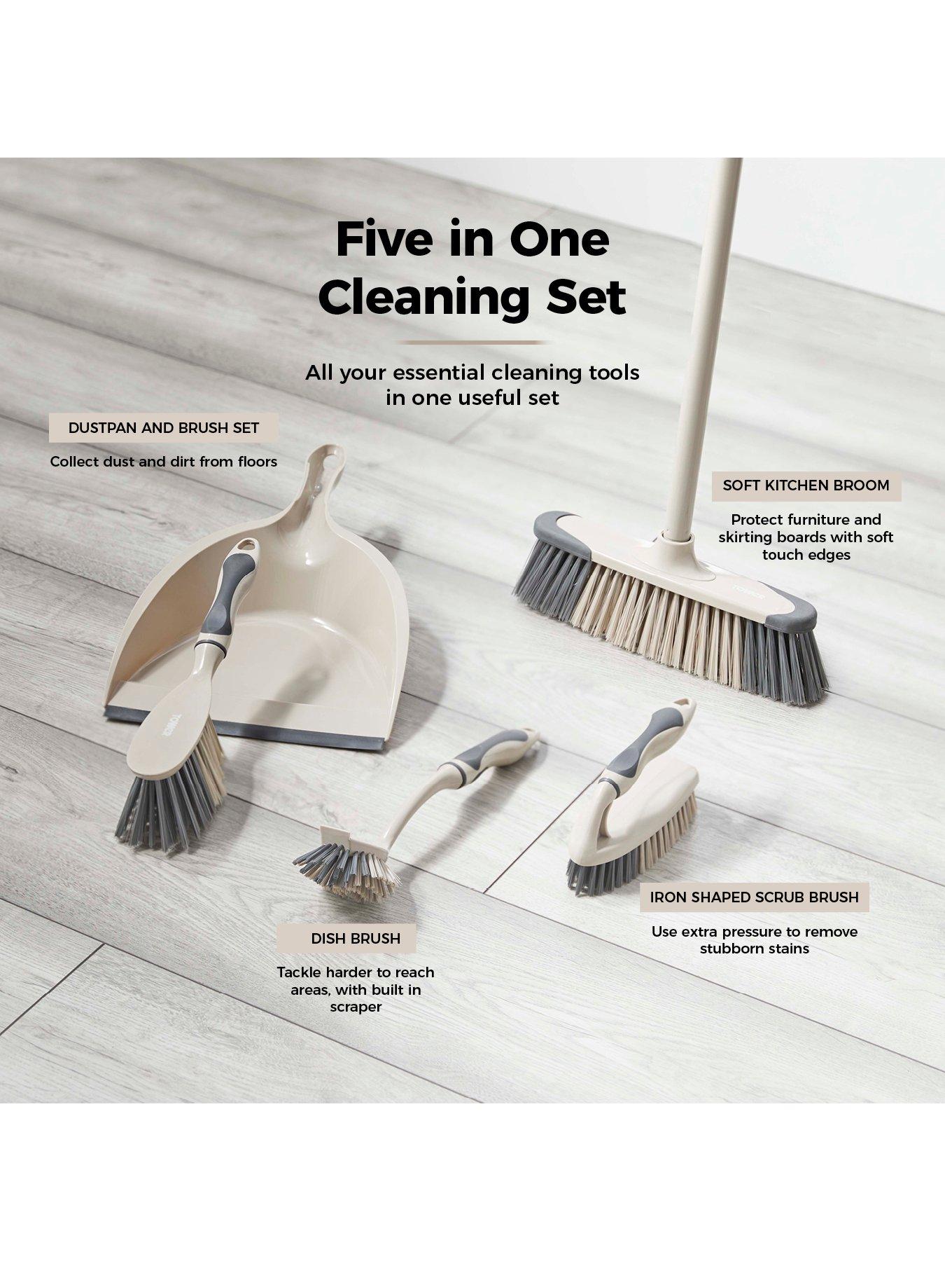 tower-t769002msh-5-in-1-cleaning-set-with-dust-pan-and-brushkitchen-broomdish-brushscrub-brush-latte-amp-greyback