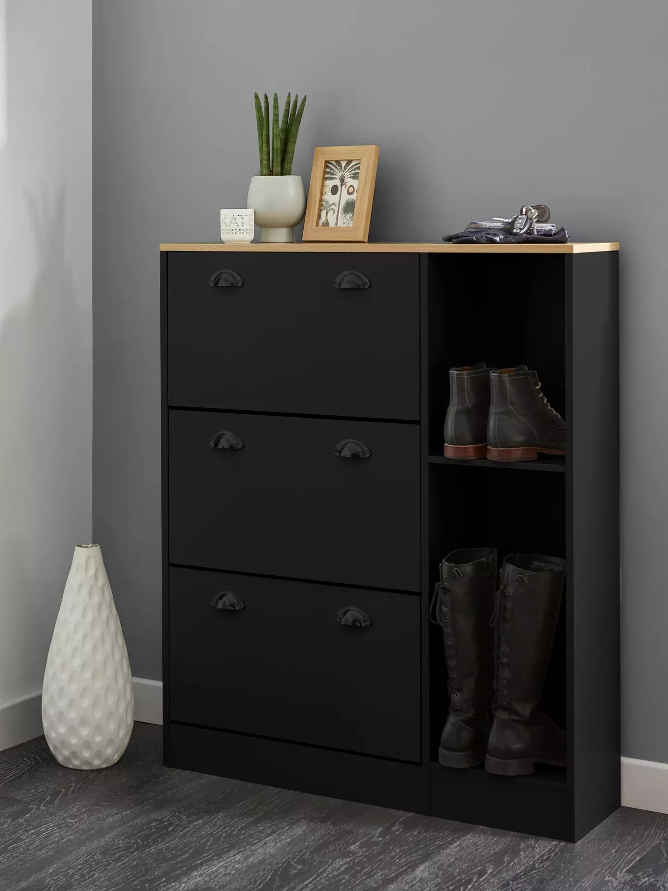 https://media.very.ie/i/littlewoodsireland/VND4L_SQ1_0000000540_BLACK_OAK_RSr/lloyd-pascal-henley-shoe-cabinet-with-3-drop-down-drawers-and-open-shelves.jpg?$180x240_retinamobilex2$&fmt=webp