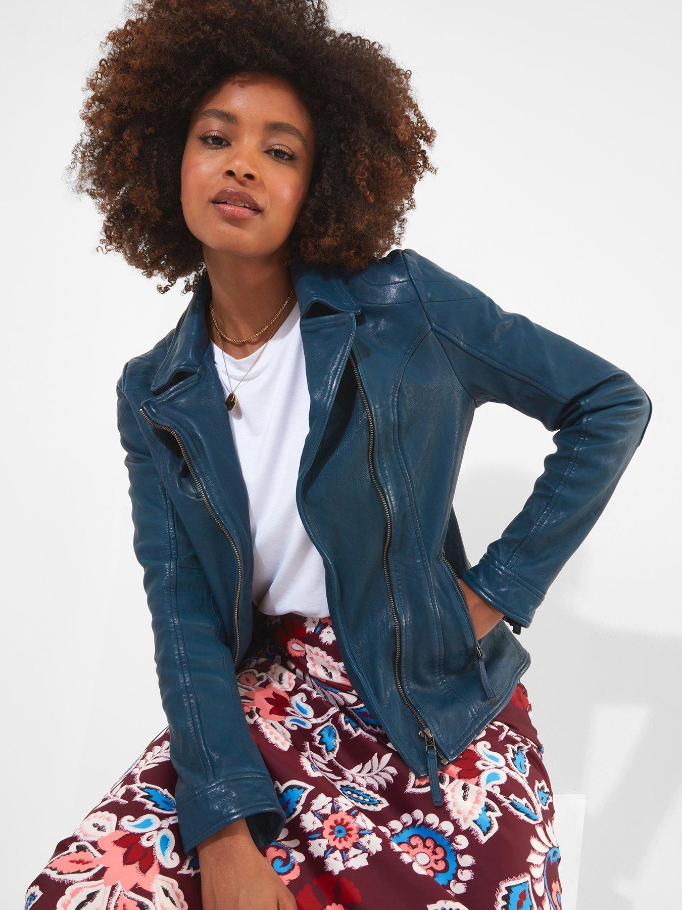 Blue faux leather outlet biker jacket