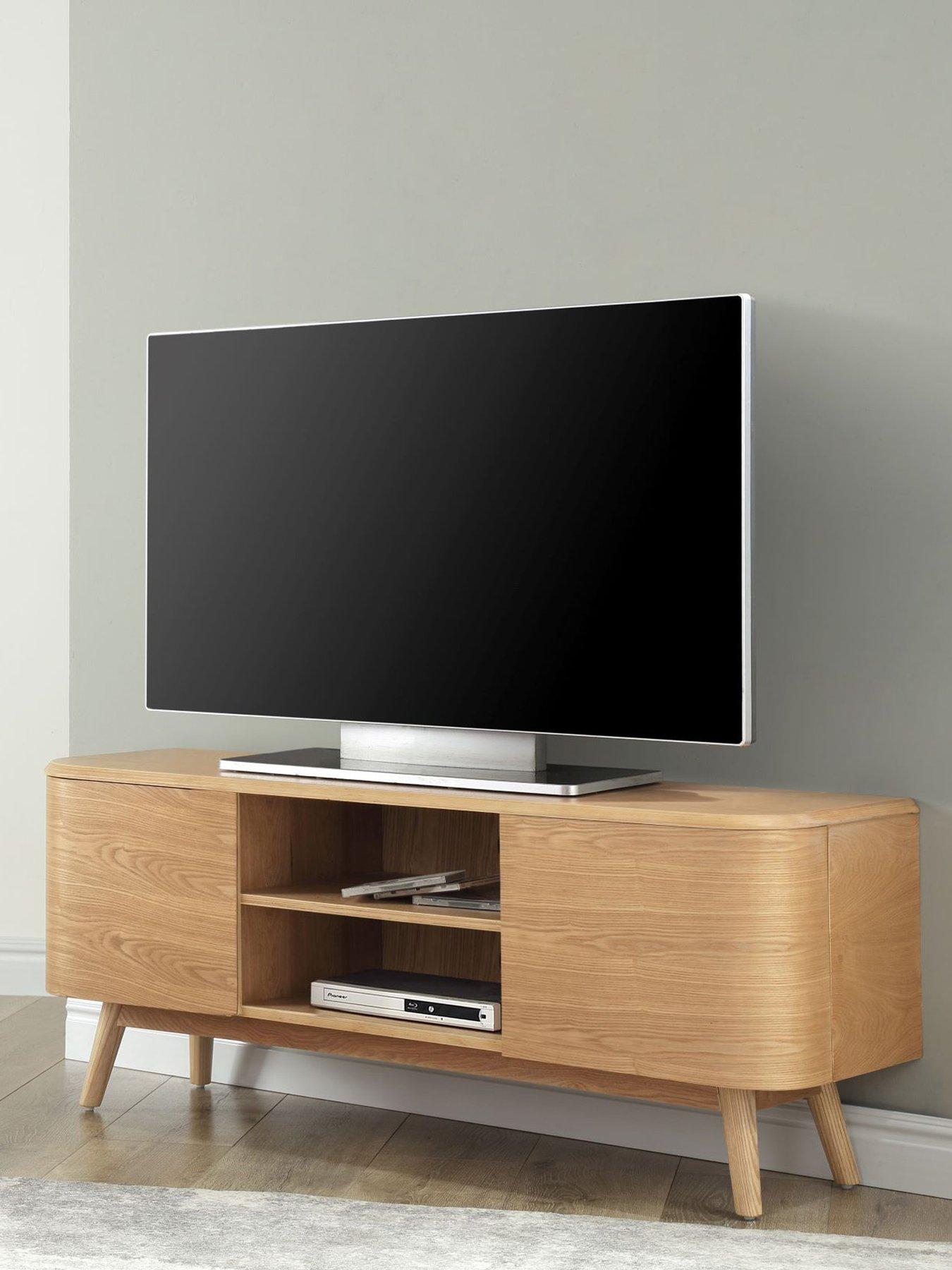 One Door TV Unit Television Stand Entertainment Cabinet Slatted Design  Walnut Wood Grain Effect