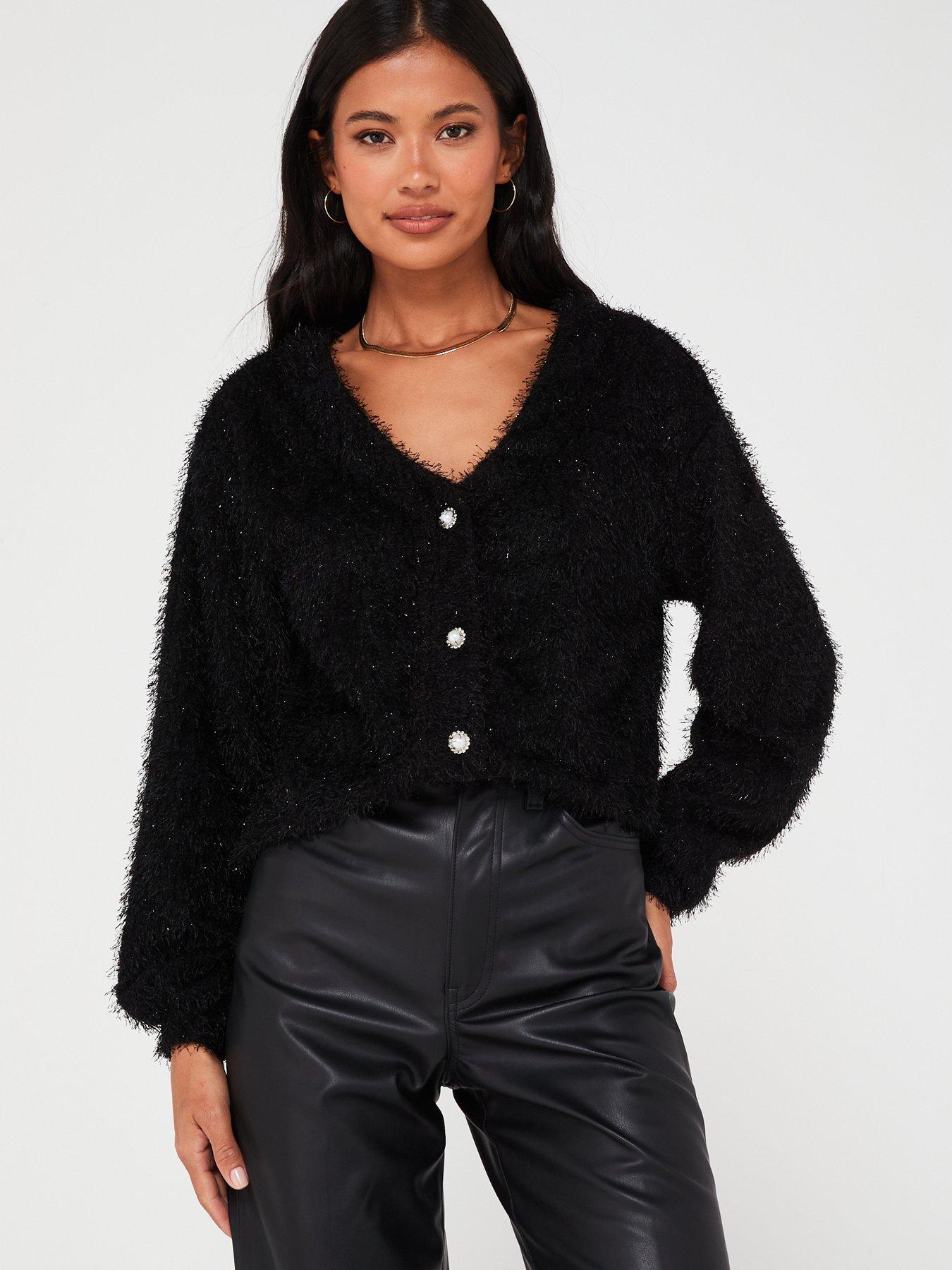 Womens black 2025 fluffy cardigan