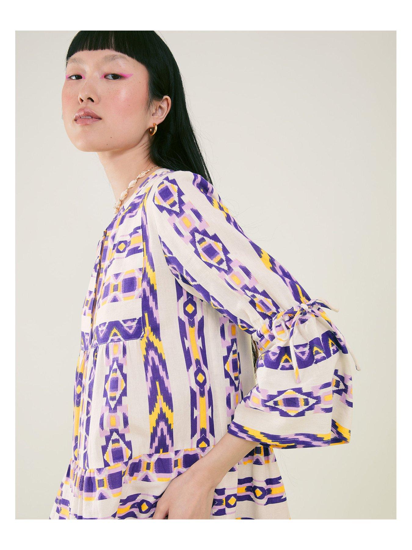 Image 4 of 4 of Accessorize Printed Jacquard Flute Sleeve Dress - Multi