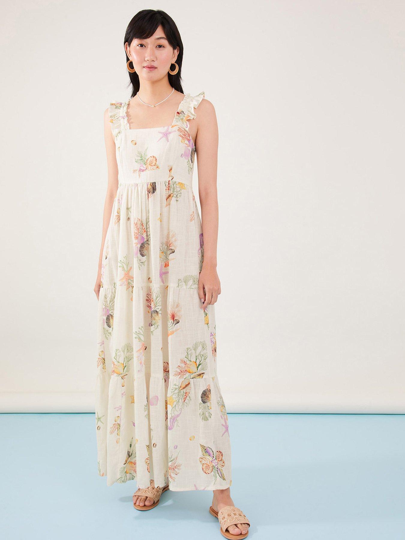 Image 1 of 5 of Accessorize Sundown Seashells Tiered Dress - Light Cream