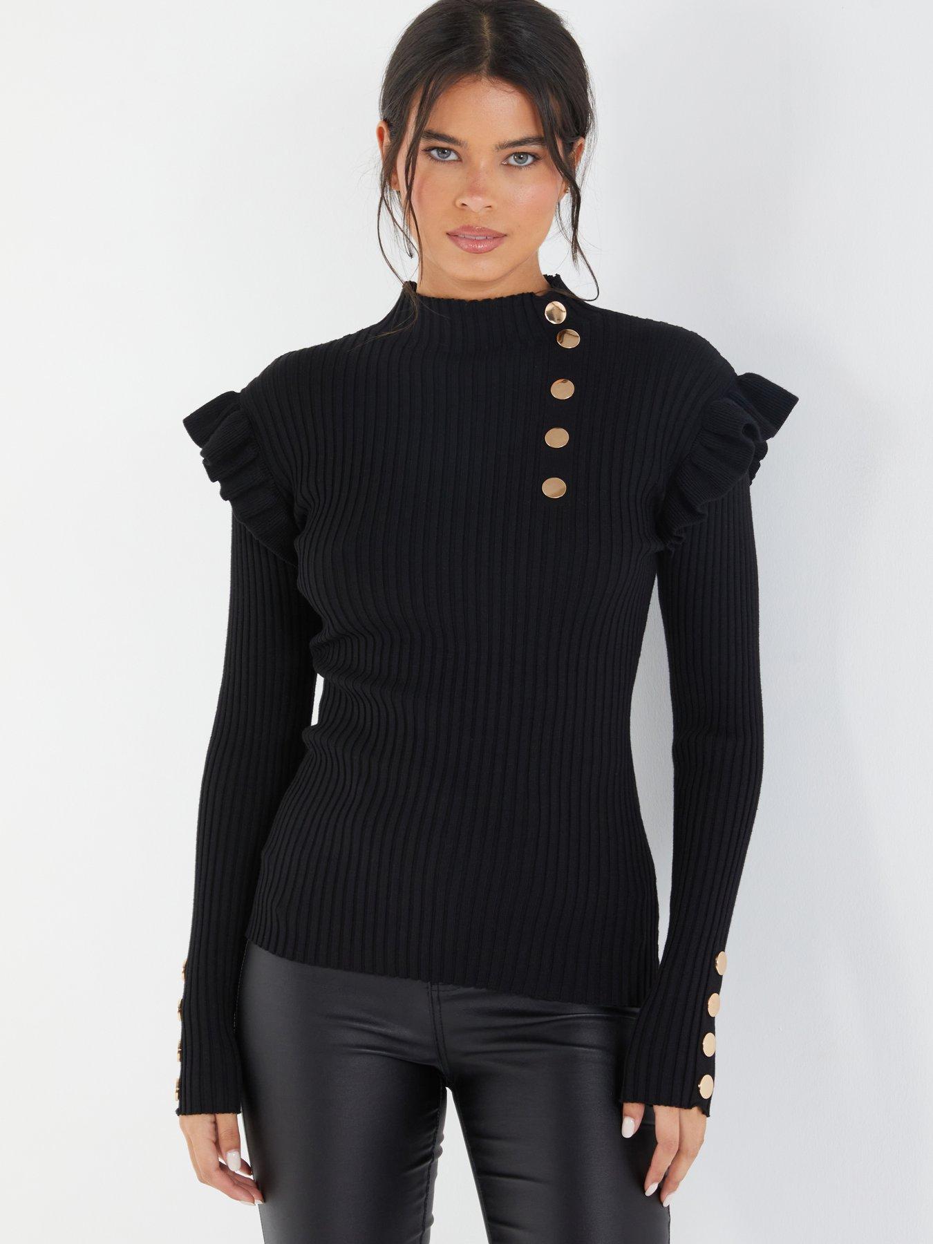 Black sweater with gold buttons on sleeves best sale