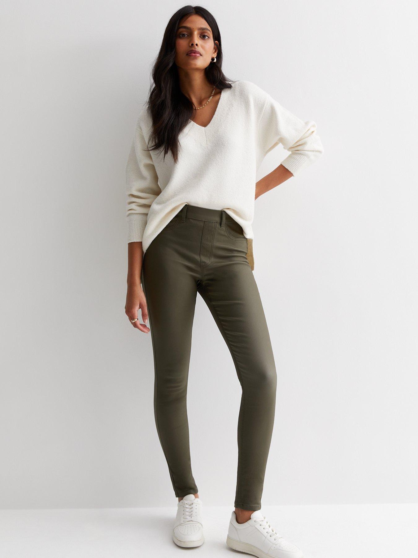 New Look Khaki Coated Leather-Look Mid Rise Lift & Shape Emilee Jeggings