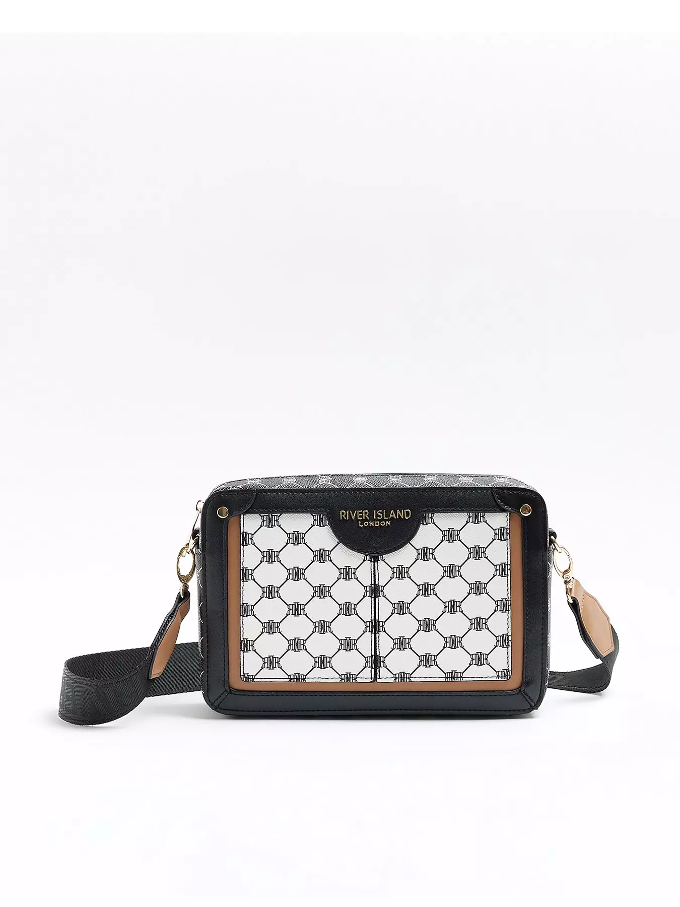 River Island Jacquard Monogram Pouchette Cross Body Bag in Black