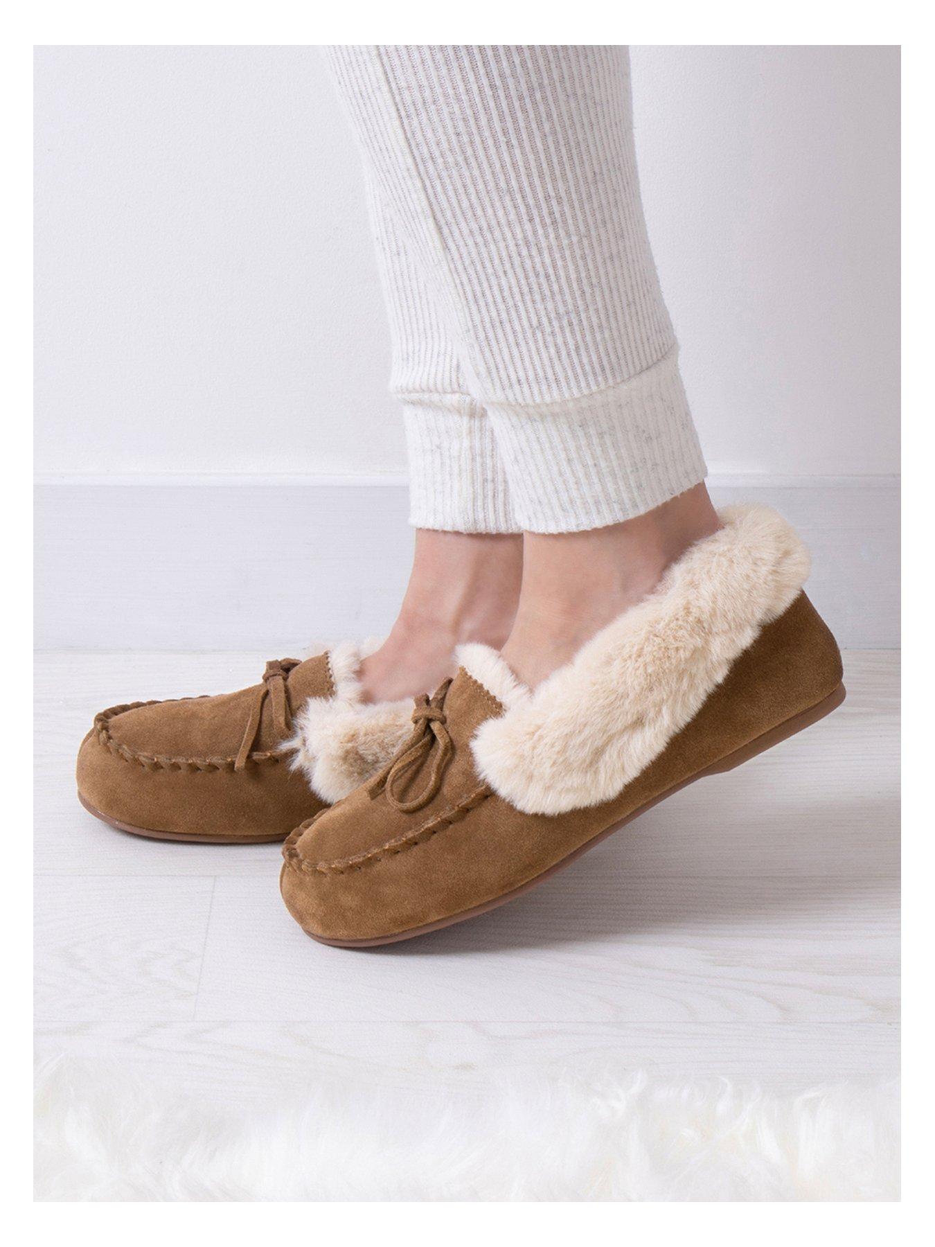 Image 2 of 4 of TOTES Isotoner Real Suede Fur Lined Moccasin - Brown