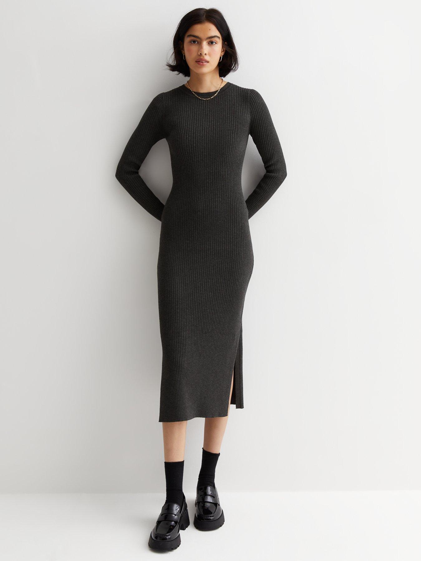 Viscose Blend Rib Military Detail Knit Midaxi Dress