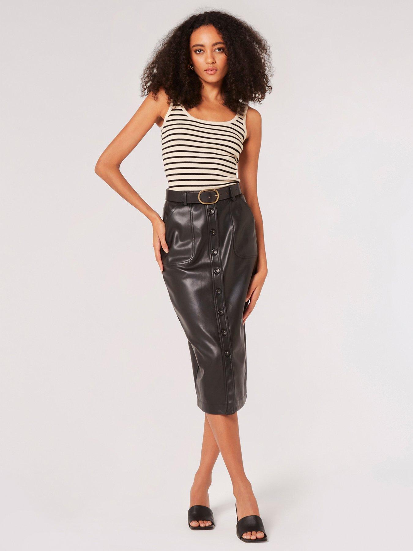 Apricot Button Through PU Midi Skirt - Black