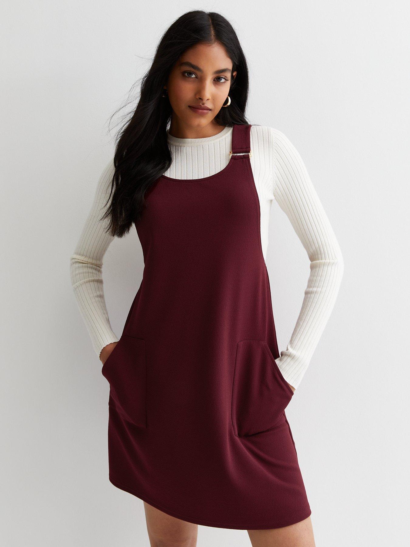 Burgundy pinafore dress on sale womens