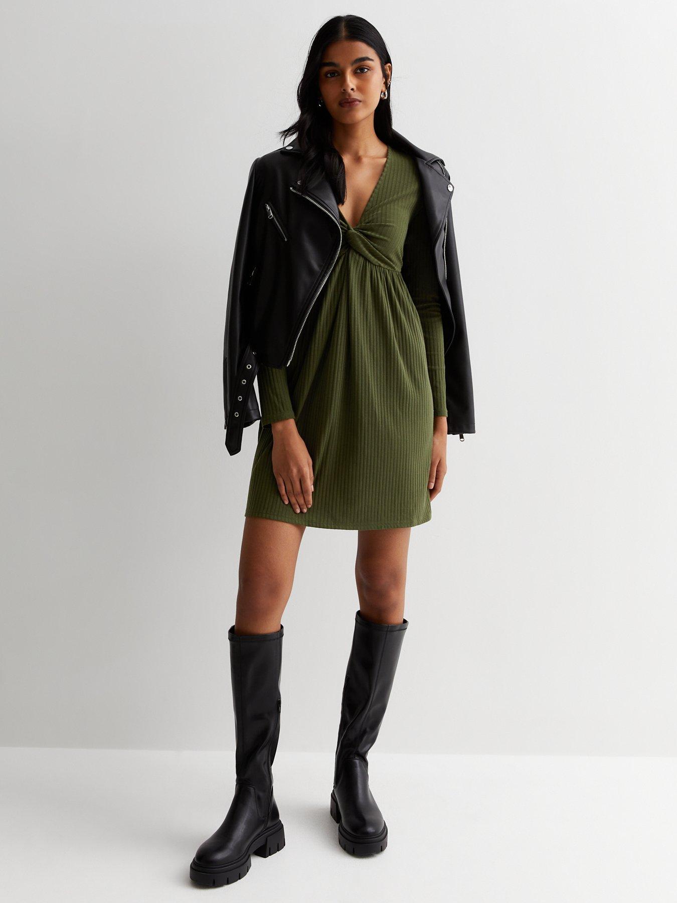 new-look-khaki-ribbed-jersey-long-sleeve-knot-mini-dressfront