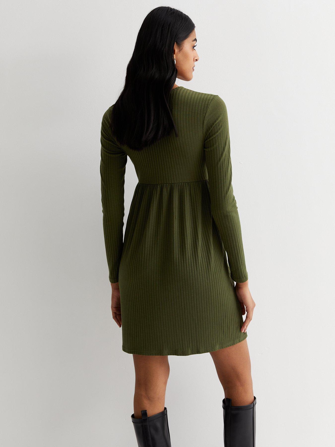 new-look-khaki-ribbed-jersey-long-sleeve-knot-mini-dressstillFront