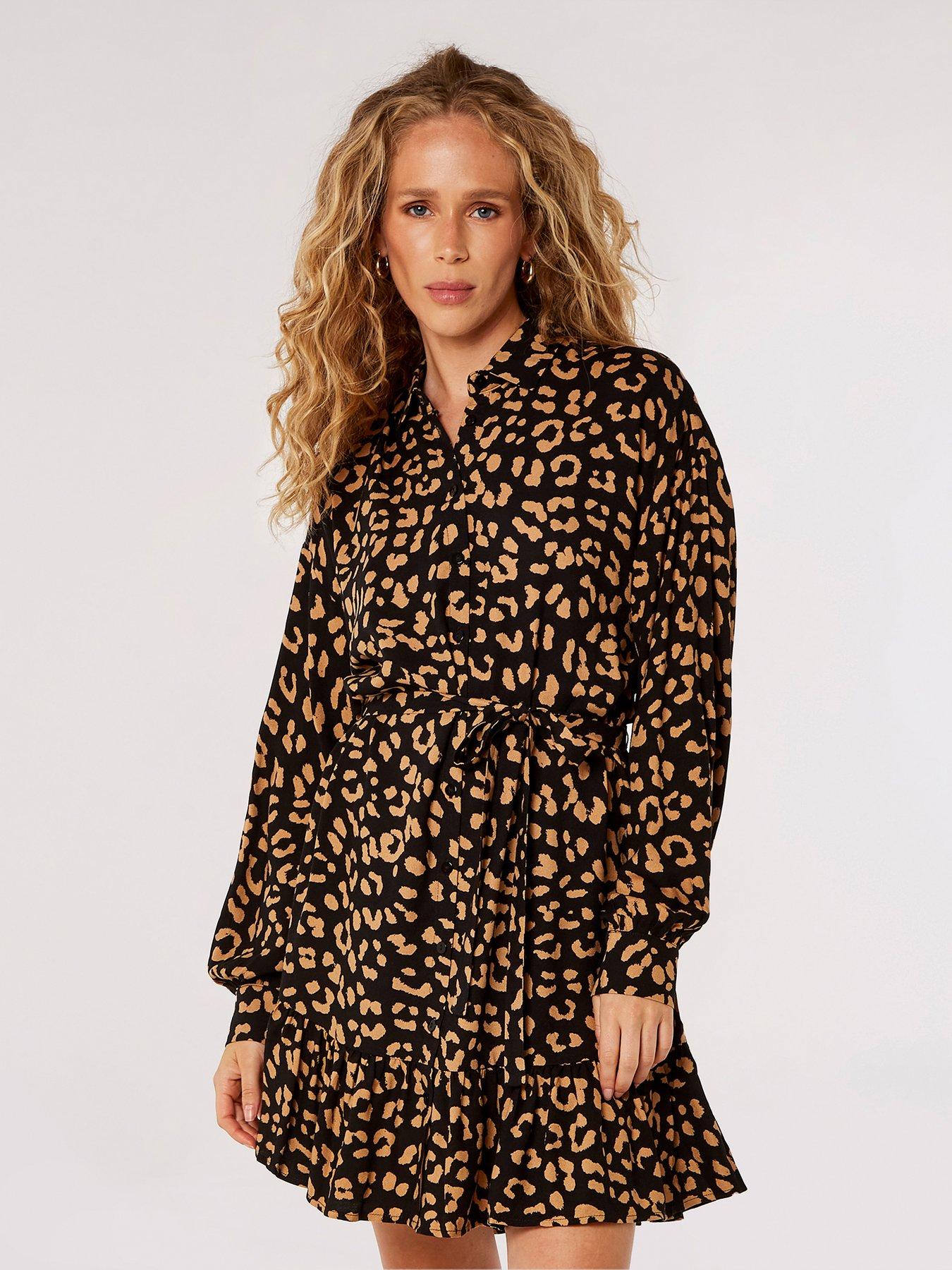 Apricot Leopard Ruffle Hem Shirt Dress