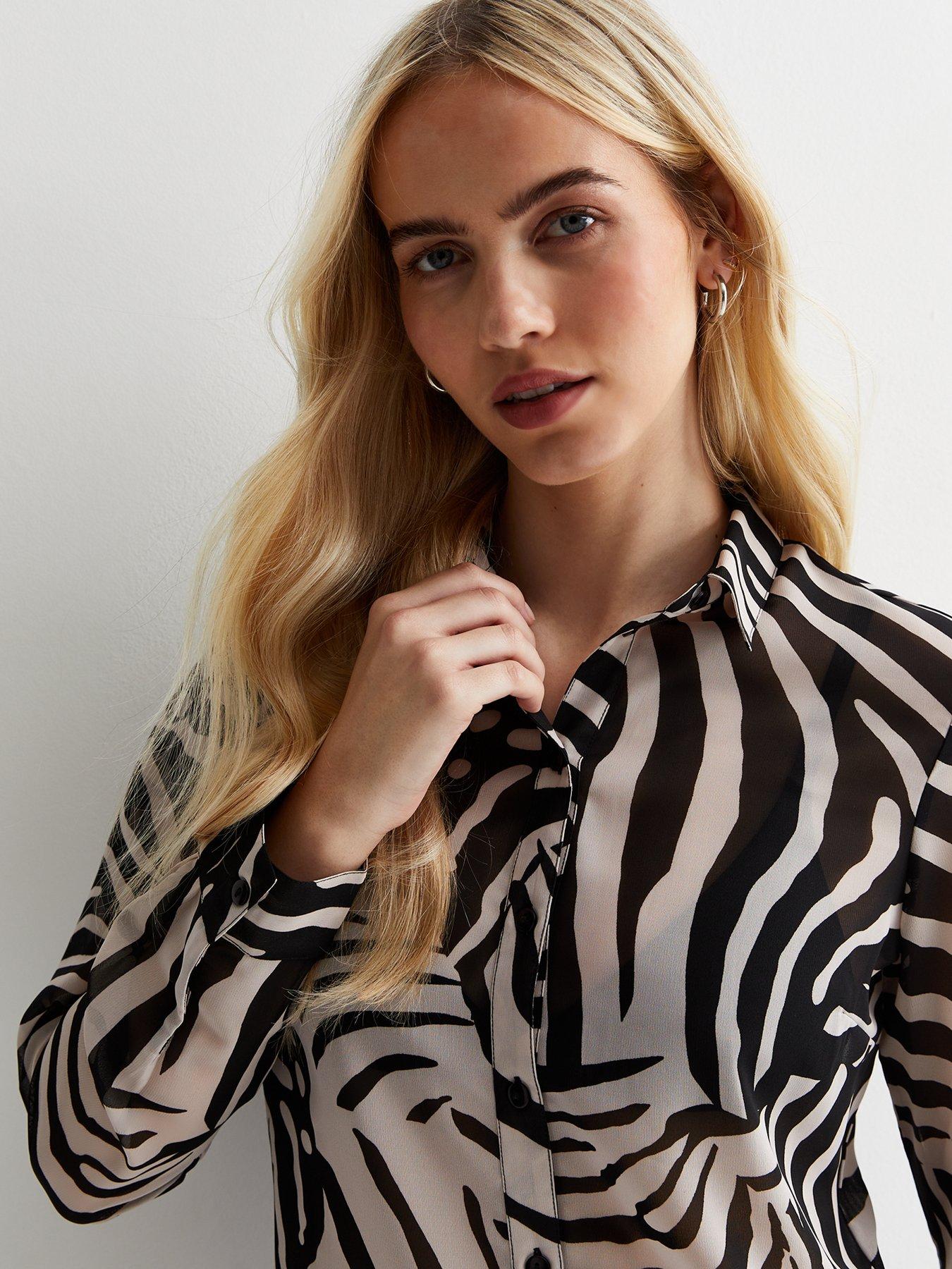 New Look Black Zebra Print Semi Sheer Long Sleeve Shirt