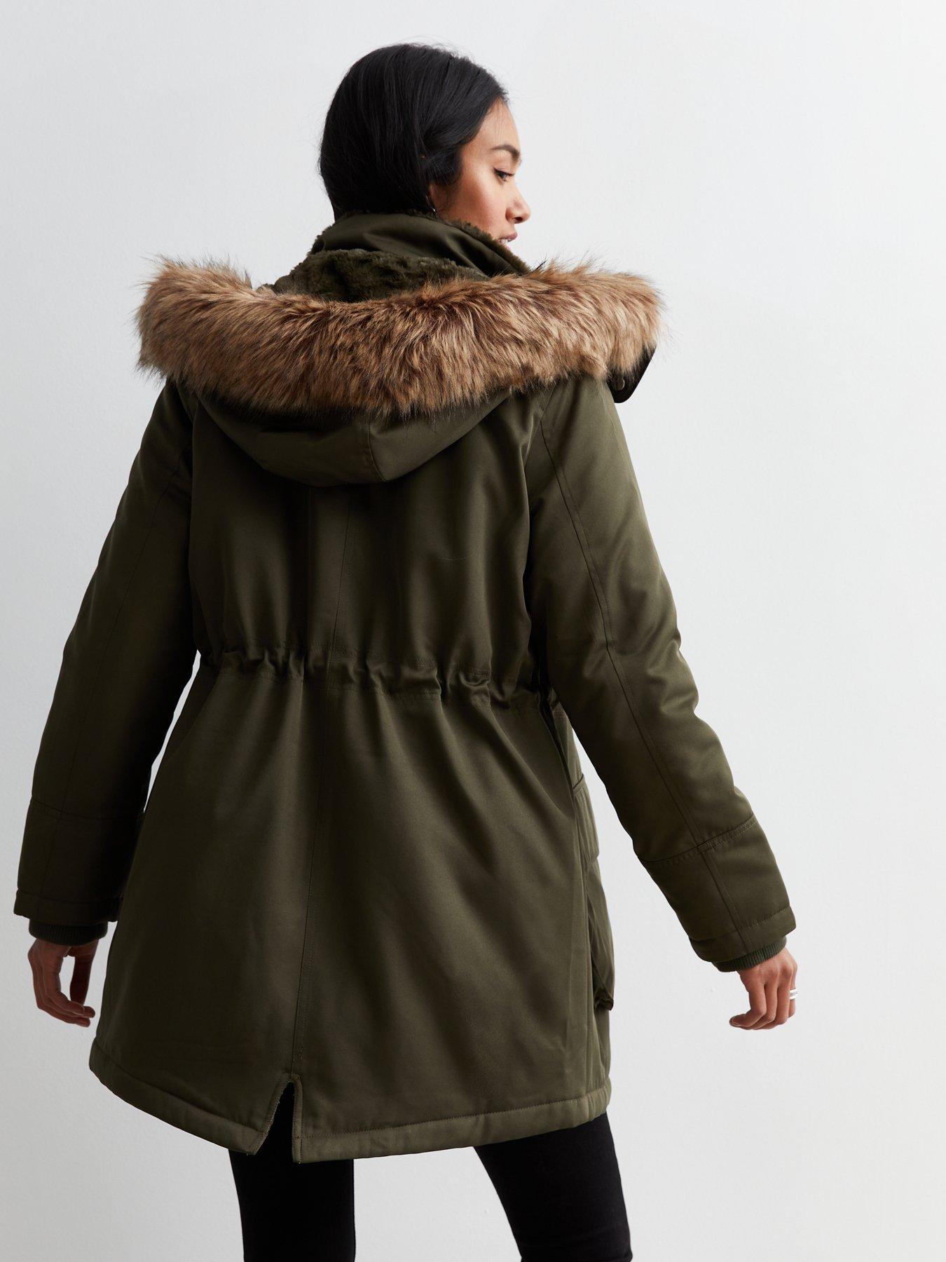 Forever 21 Parka/Coat Army Green Faux Fur Trim Hood Sz Med