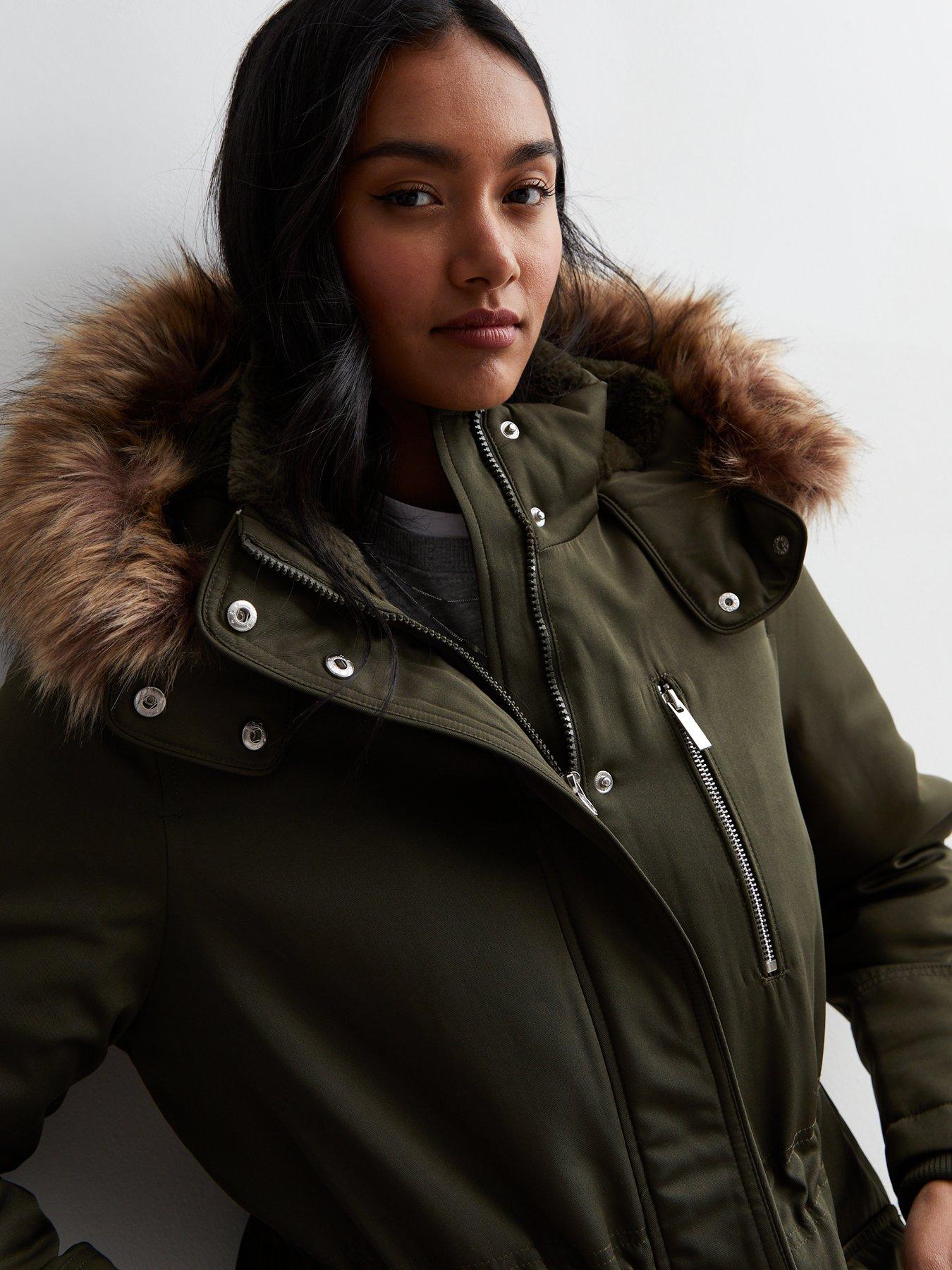 Khaki faux fur on sale trim hooded parka