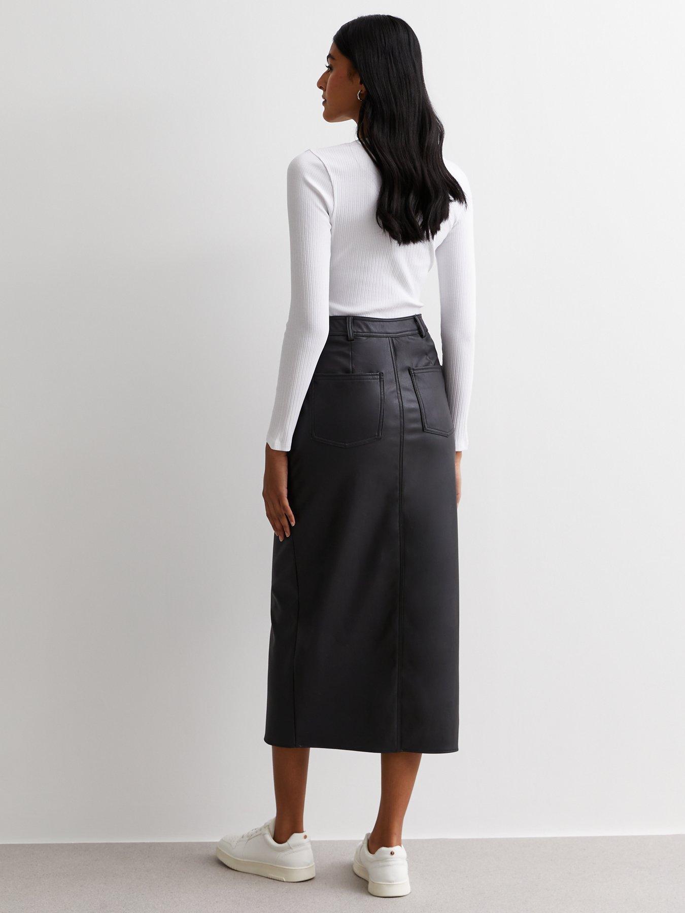 New Look Black Leather-Look Coated Split Hem Midaxi Skirt