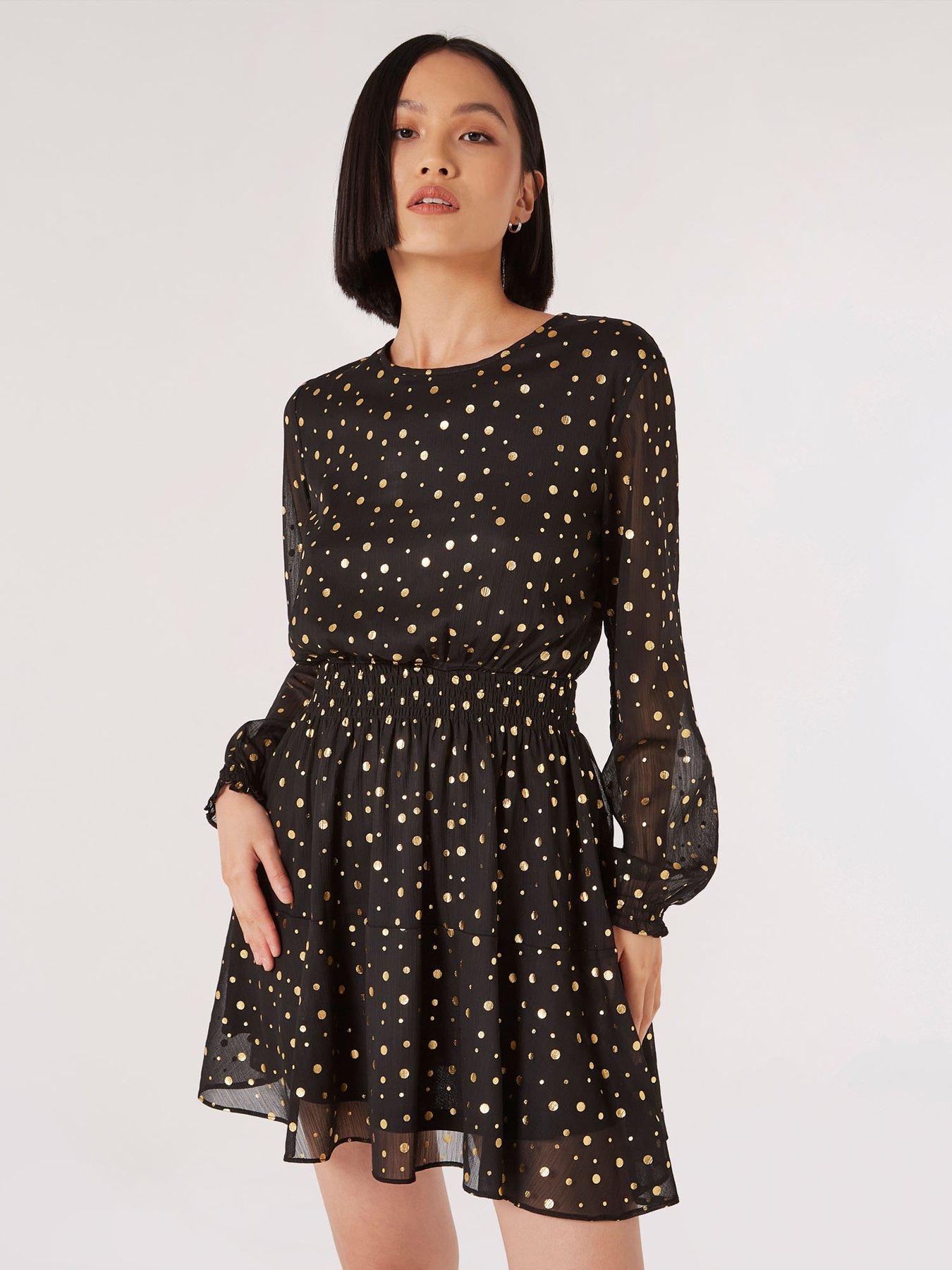 Gold Foil Spot Crinkle Chiffon Dress