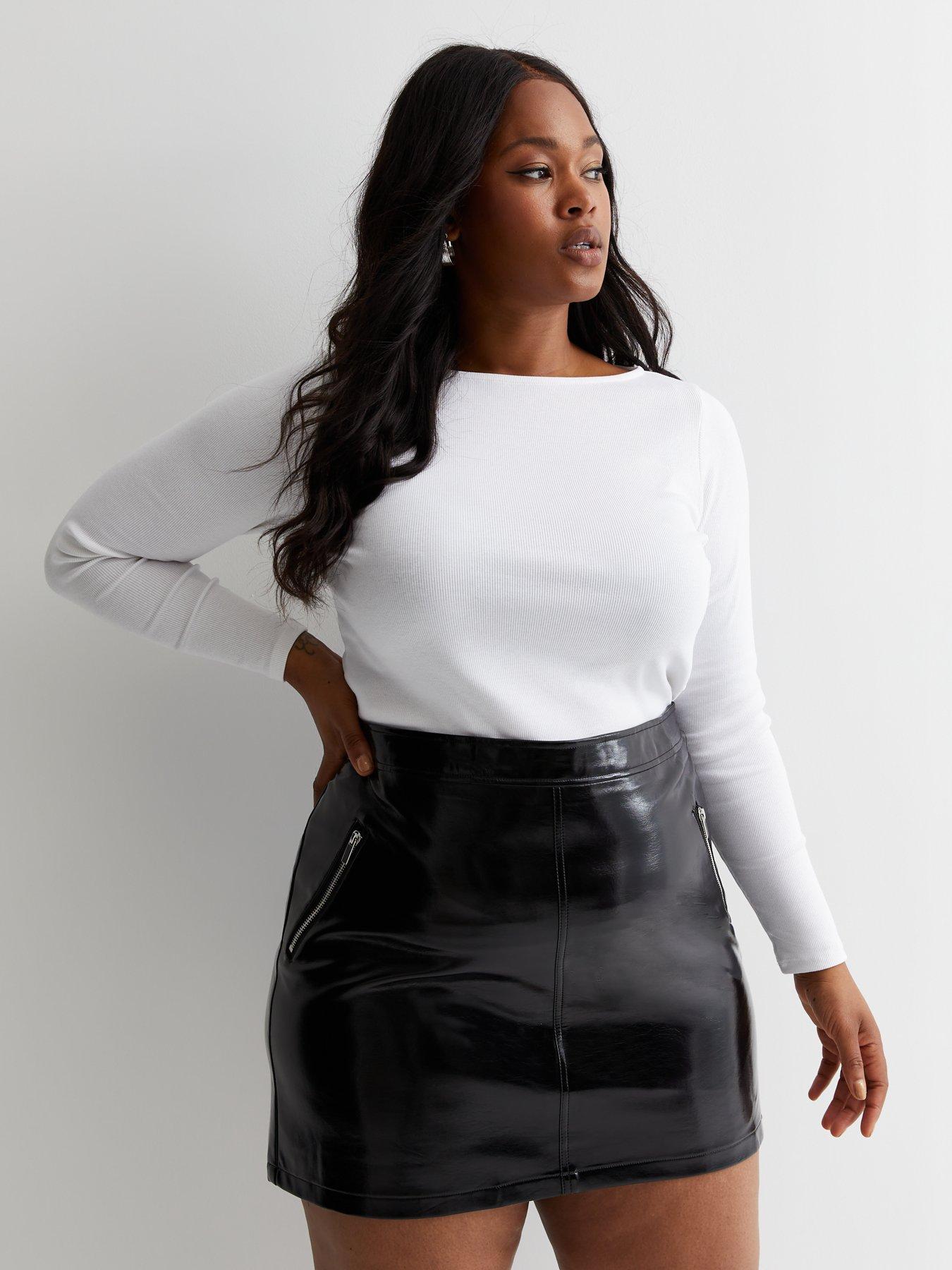 New Look Curves Black Leather Look Zip Detail Mini Skirt Very