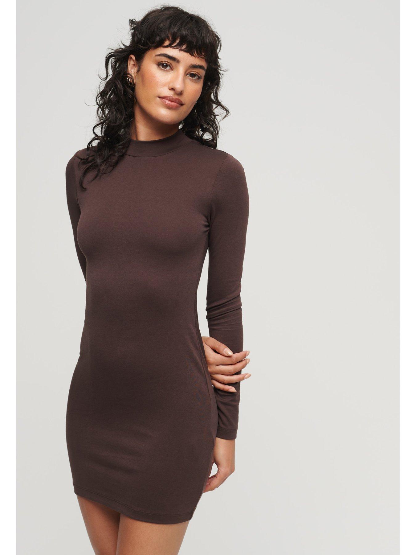 superdry-mock-neck-jersey-mini-dress-brownoutfit