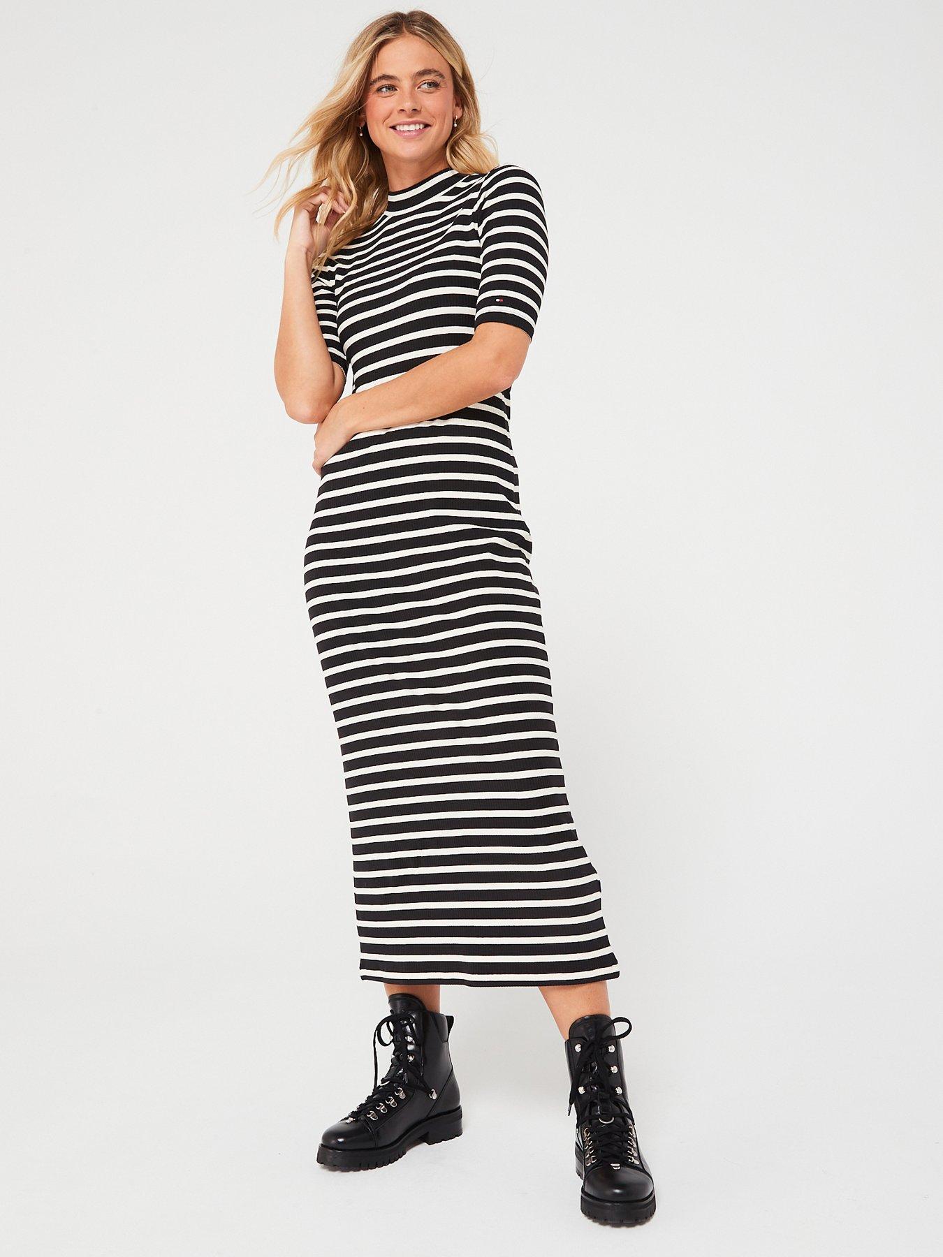 tommy-hilfiger-ribbed-stripe-short-sleeve-midi-dress-black