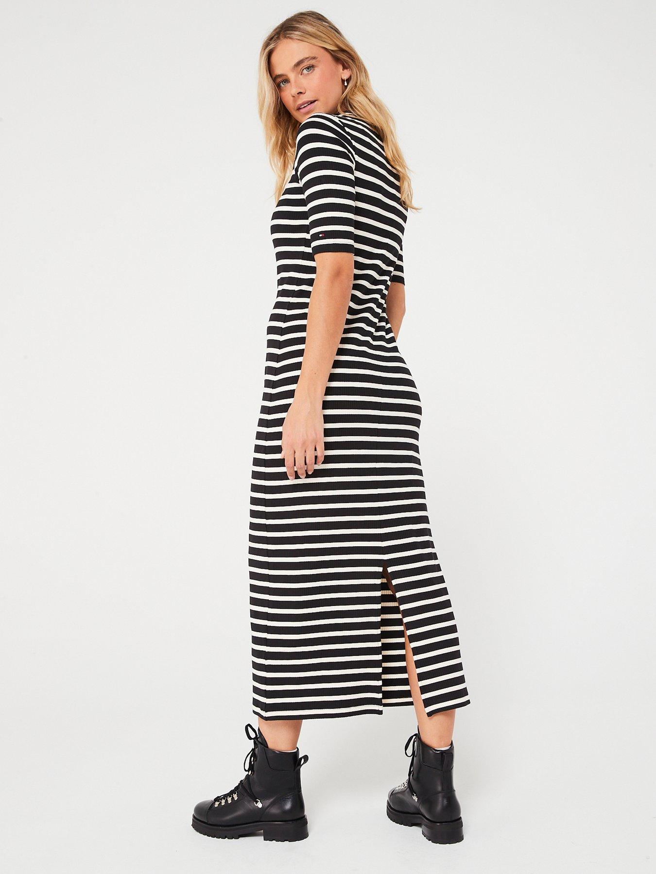 tommy-hilfiger-ribbed-stripe-short-sleeve-midi-dress-blackstillFront