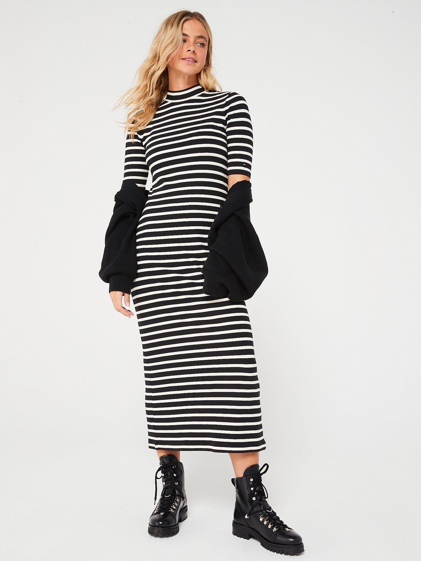 tommy-hilfiger-ribbed-stripe-short-sleeve-midi-dress-blackback