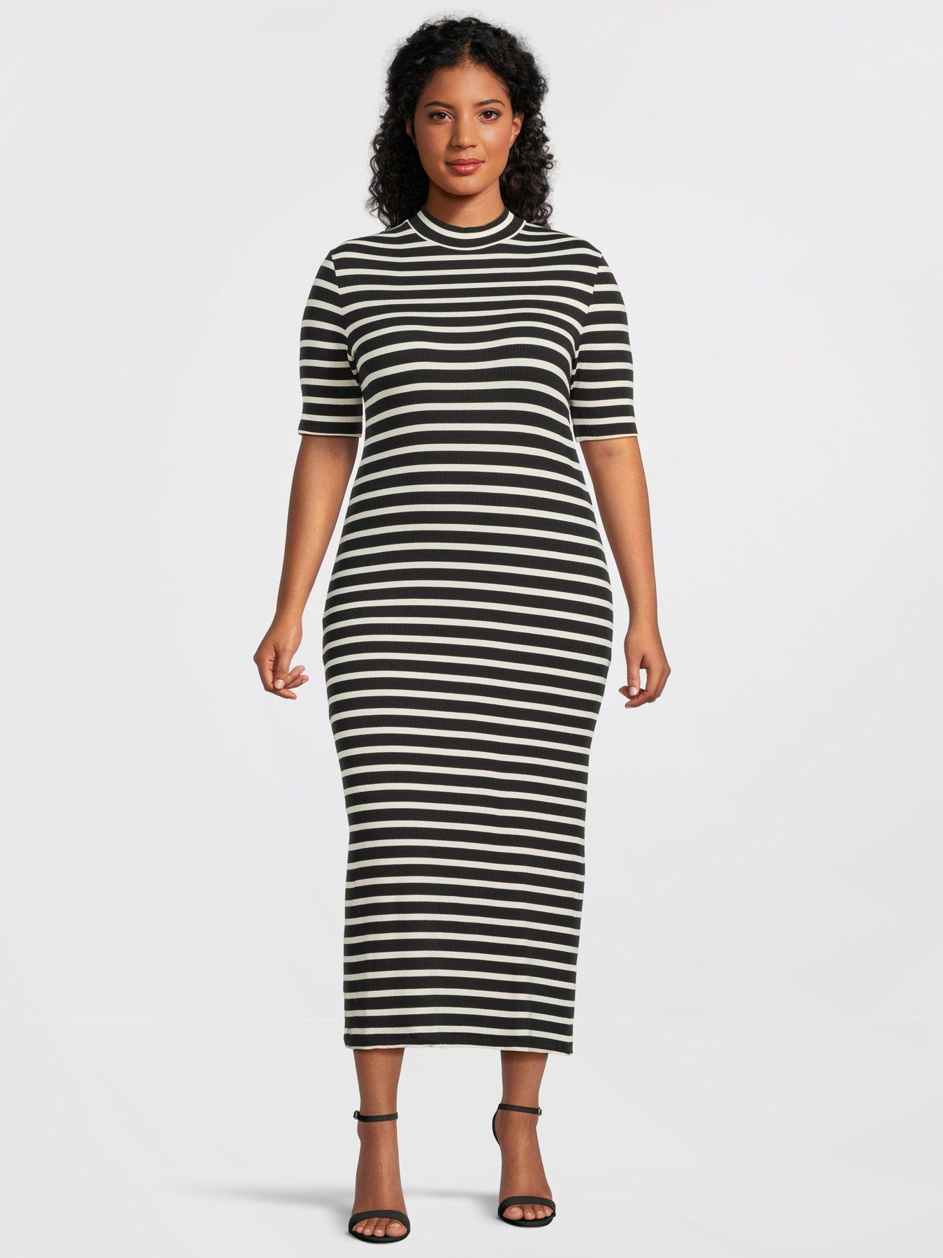 tommy-hilfiger-curve-ribbed-stripe-short-sleeve-midi-dress-black