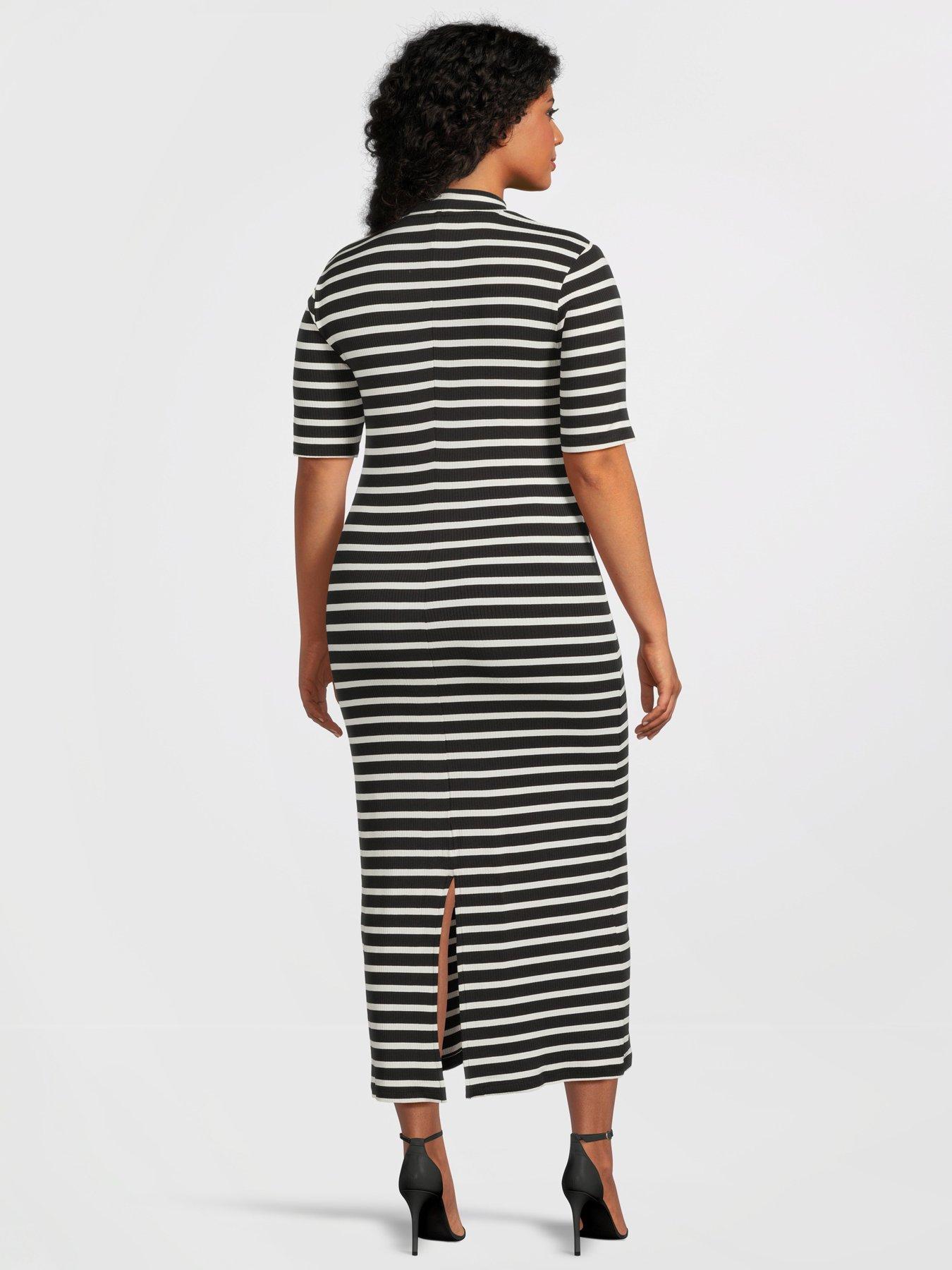 tommy-hilfiger-curve-ribbed-stripe-short-sleeve-midi-dress-blackstillFront