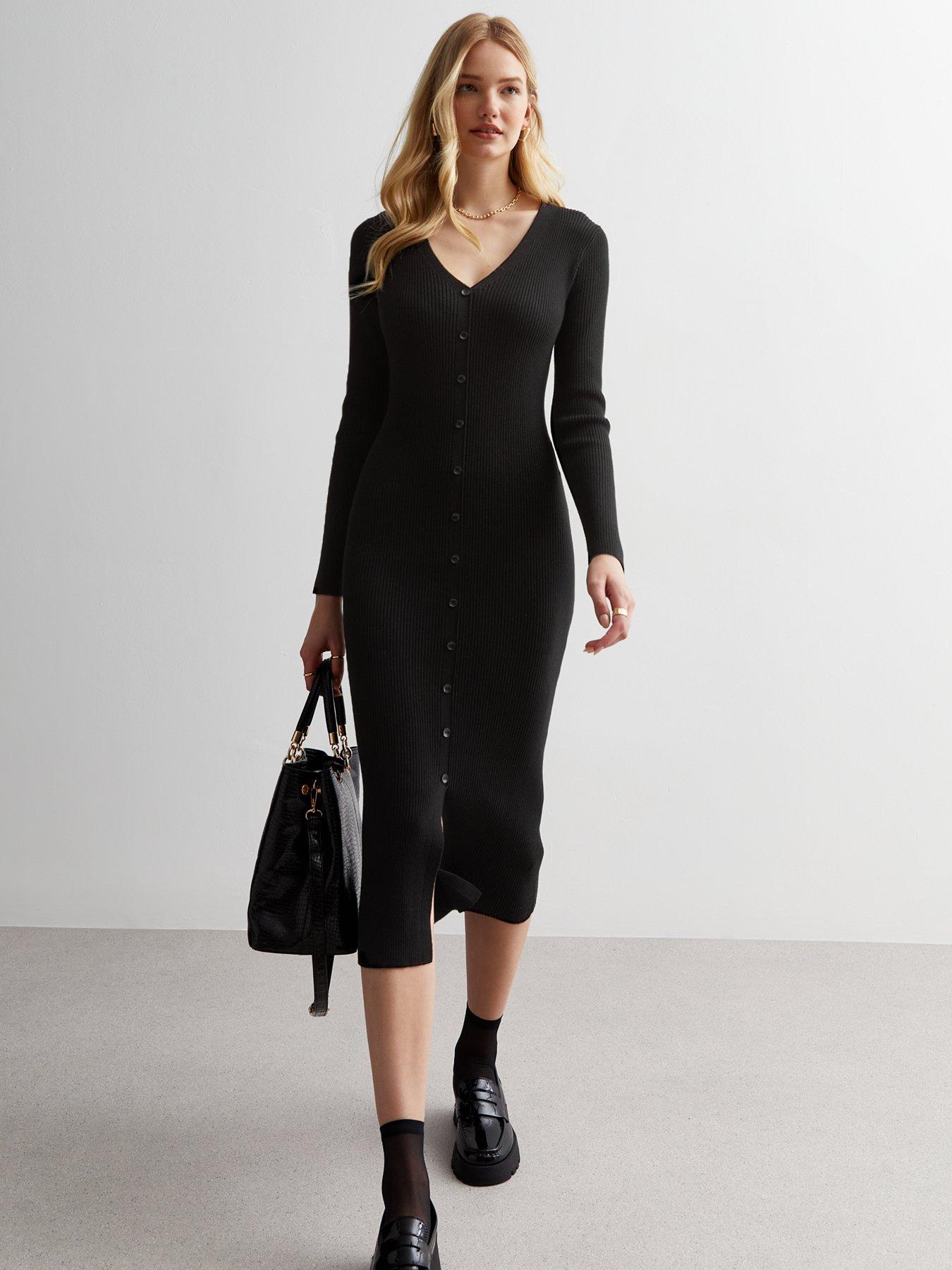 new-look-ribbed-knit-button-front-midi-dress-black