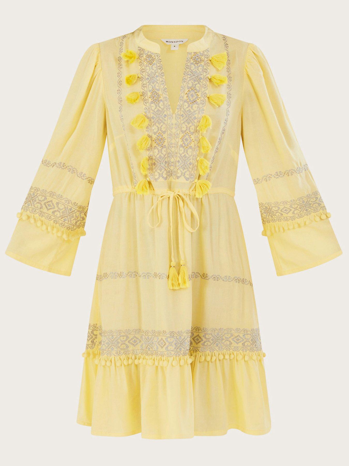 Monsoon Embroidered And Pom Kaftan Dress - Yellow