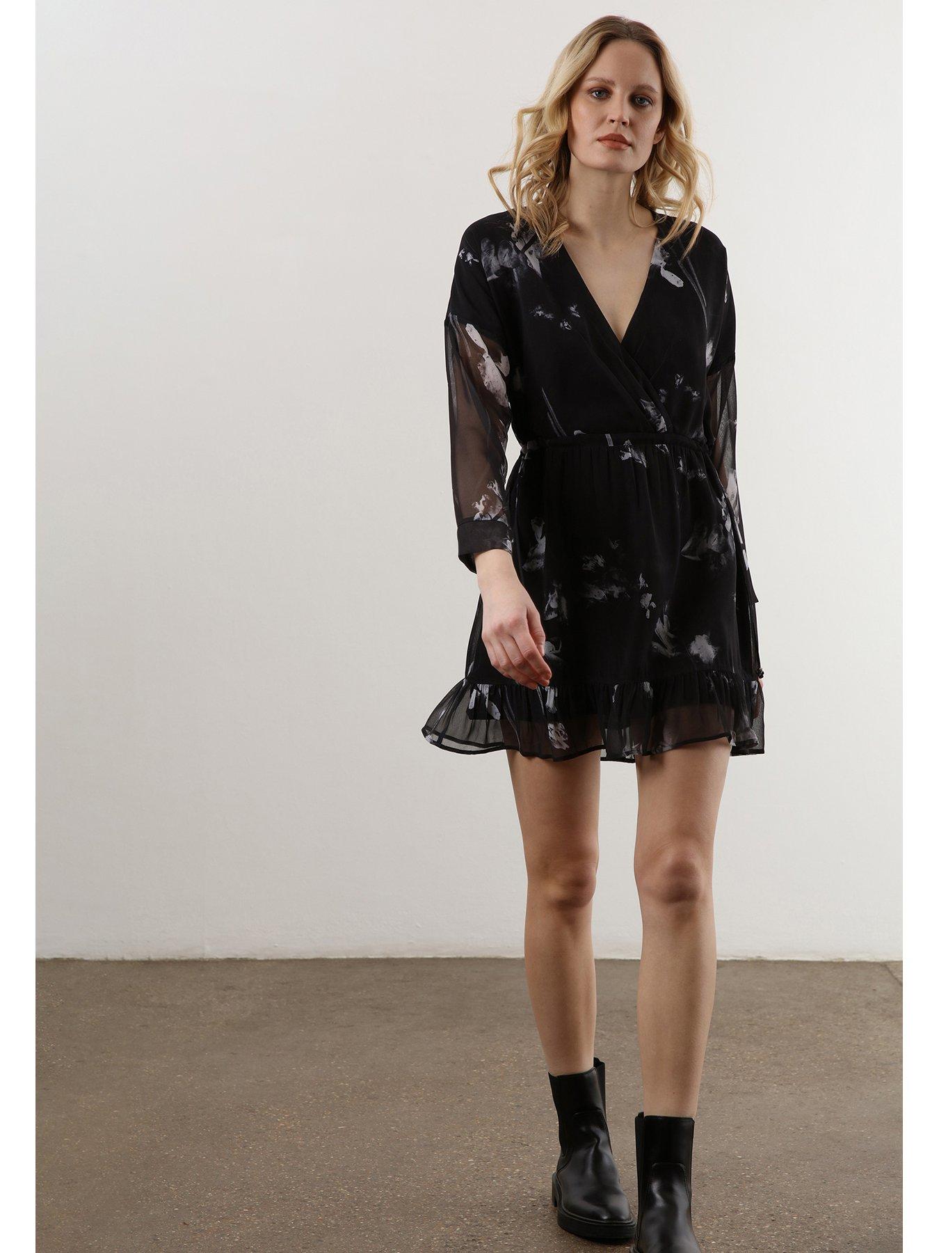 Religion Long Sleeve Ruffle Hem Mini Dress - Black