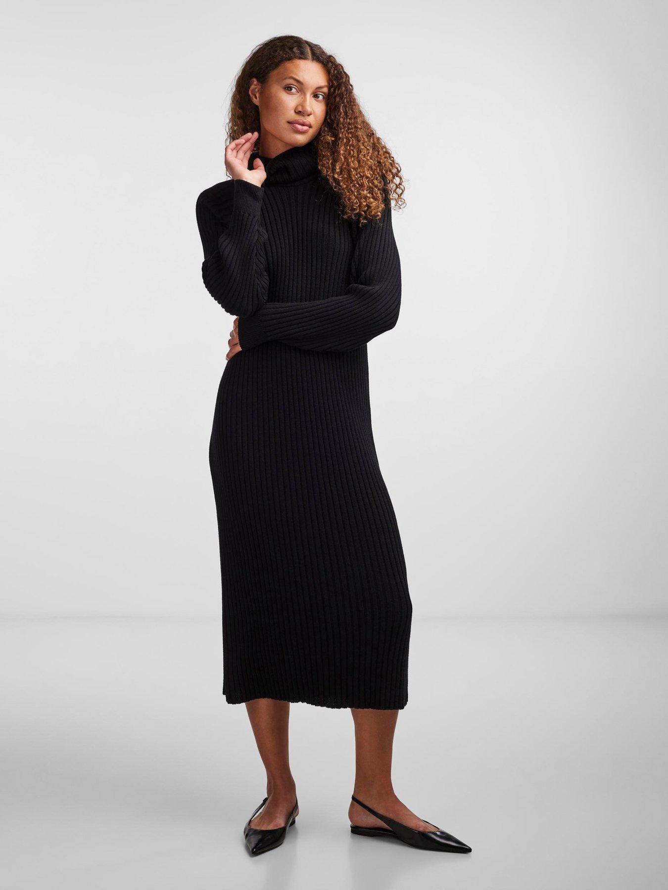 yas-mavi-knitted-long-sleeve-midi-dress-blackfront