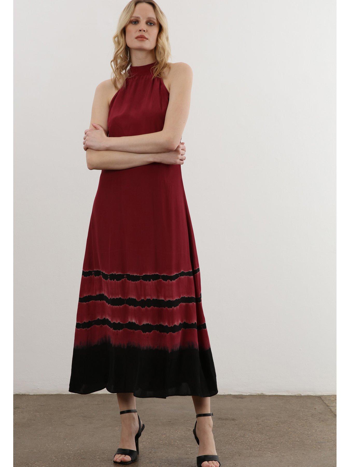 Halterneck Printed Midaxi Dress Burgundy Red