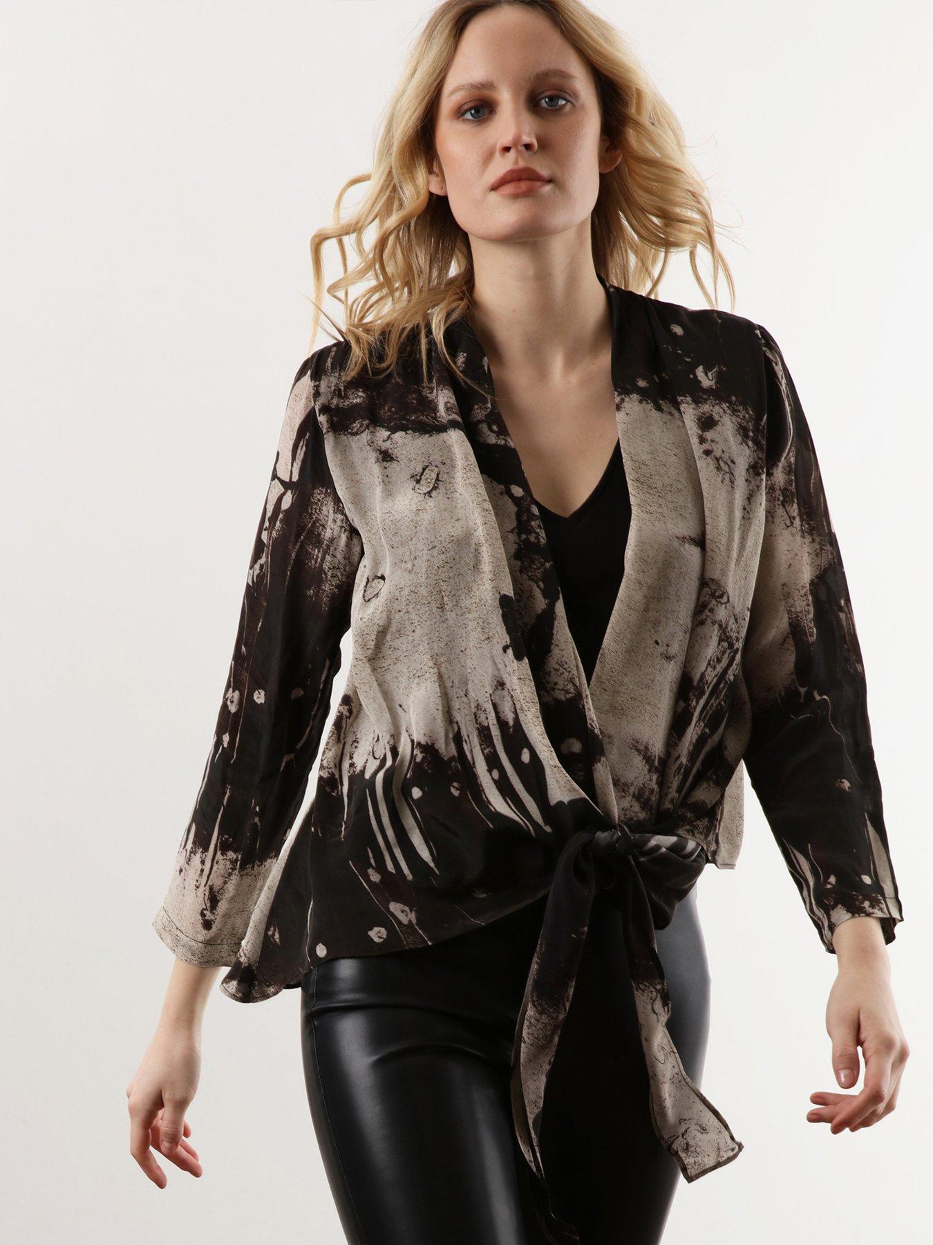 Image 1 of 6 of Religion Long Sleeve Tie Front Double Layer Top - Black/neutral