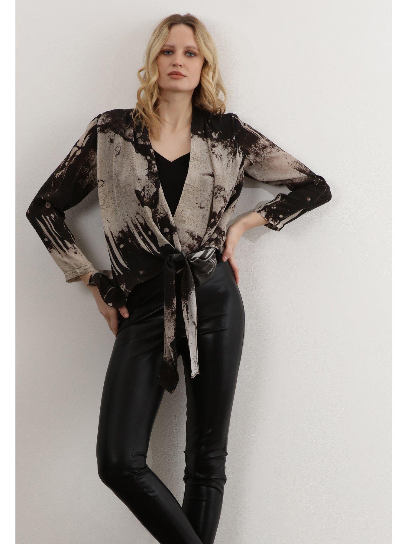 Image 2 of 6 of Religion Long Sleeve Tie Front Double Layer Top - Black/neutral